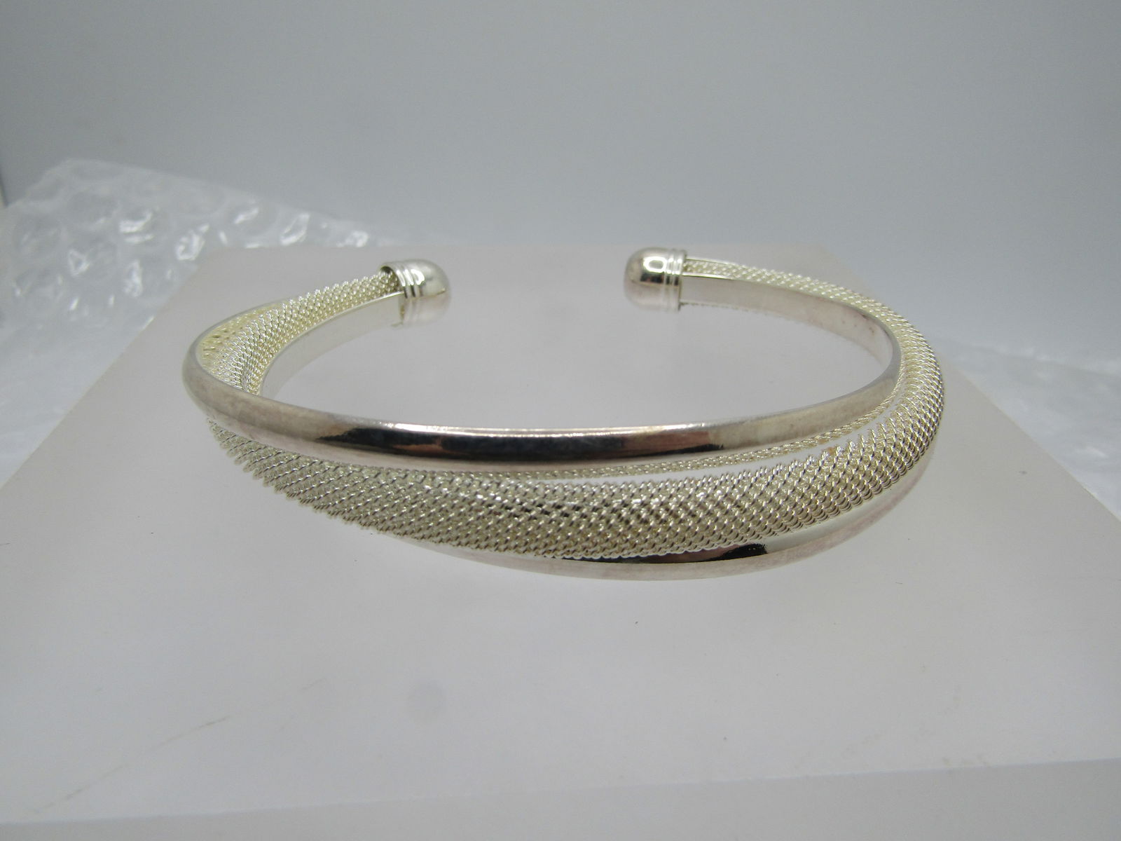 Silver Mesh and Twist Band Cuff Bracelet, 7.25", Marked .925 - 2