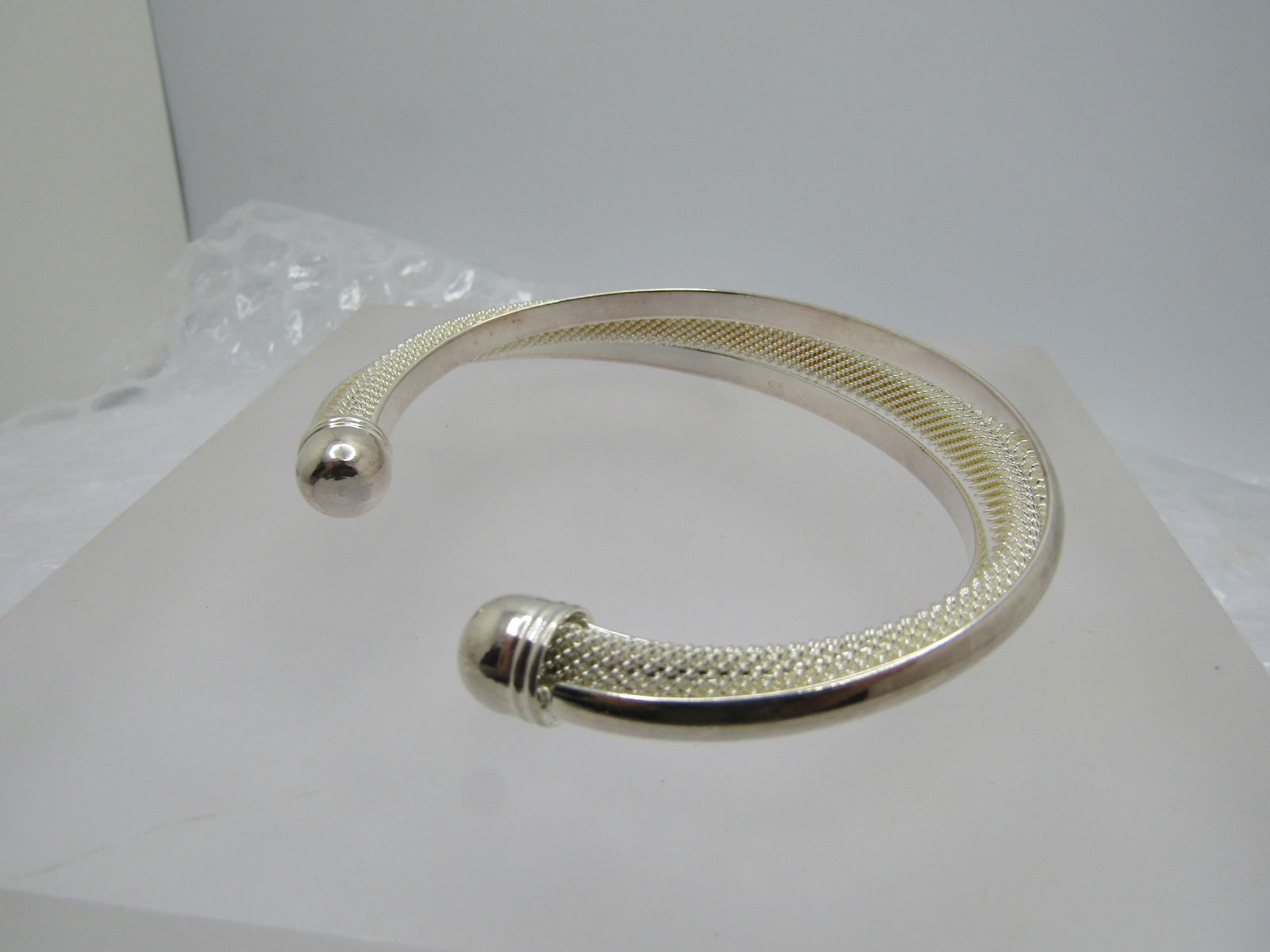 Silver Mesh and Twist Band Cuff Bracelet, 7.25", Marked .925 - 3