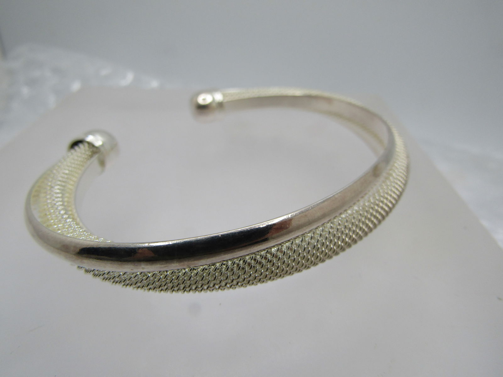 Silver Mesh and Twist Band Cuff Bracelet, 7.25", Marked .925 - 4