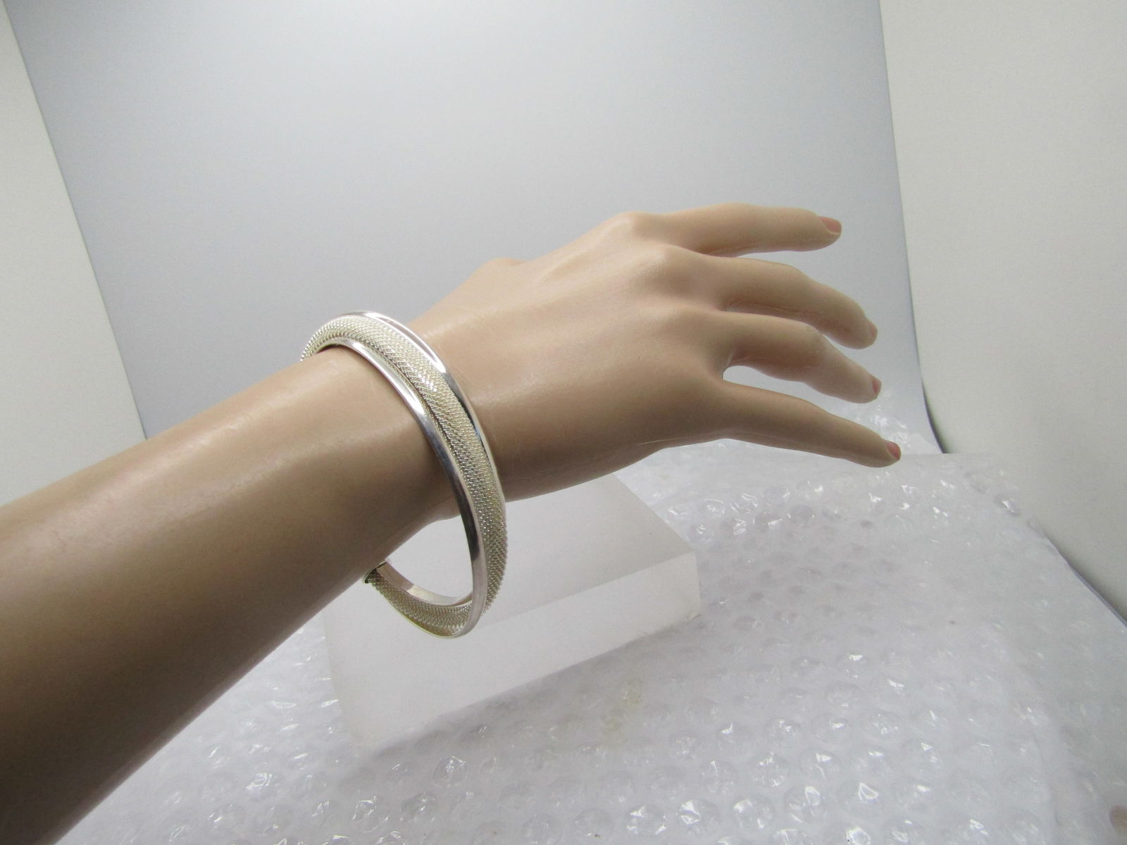 Silver Mesh and Twist Band Cuff Bracelet, 7.25", Marked .925 - 7