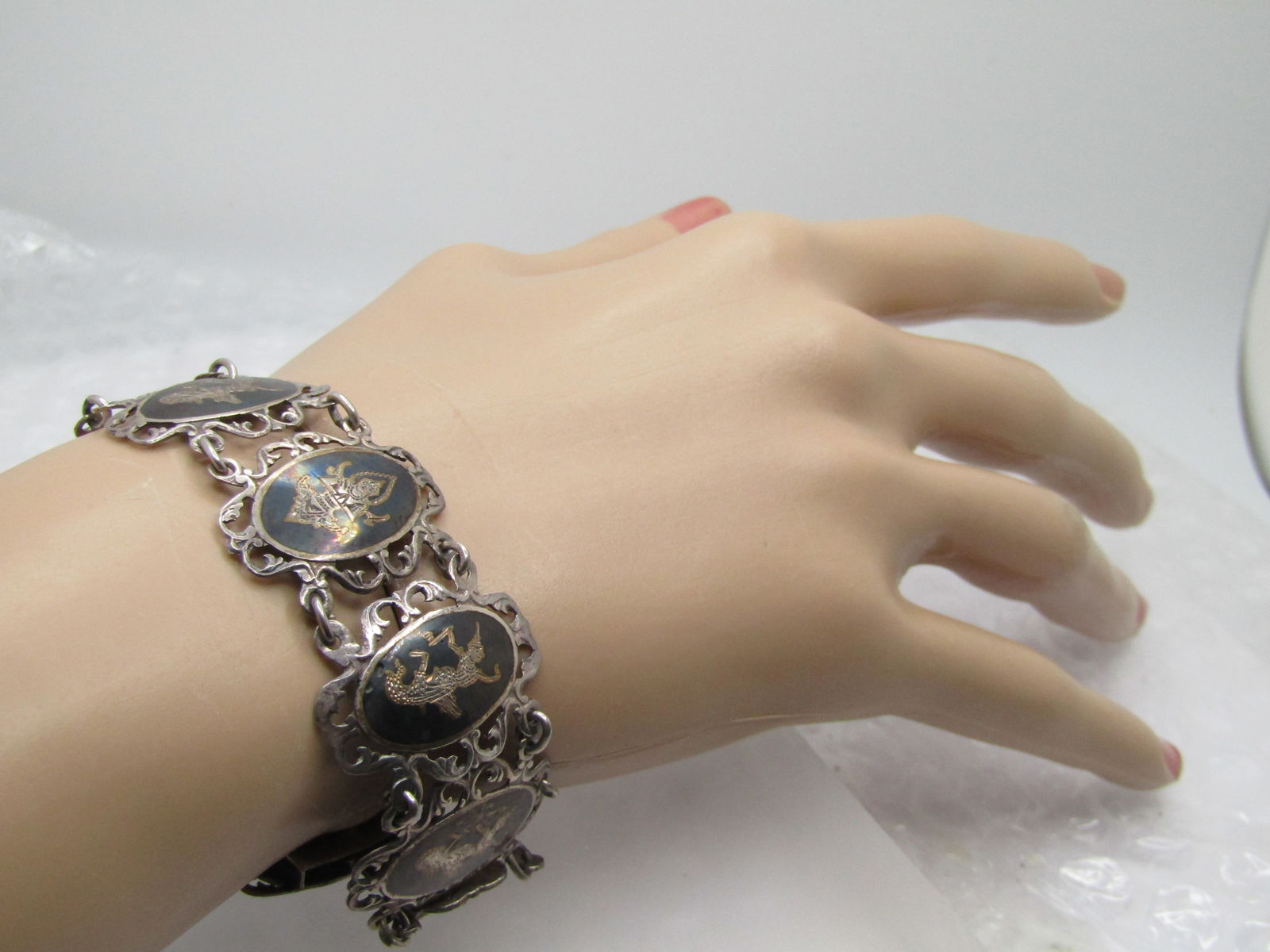 Vintage Sterling Fiigree Siam Bracelet, 1940's-1950's, 7" - 8