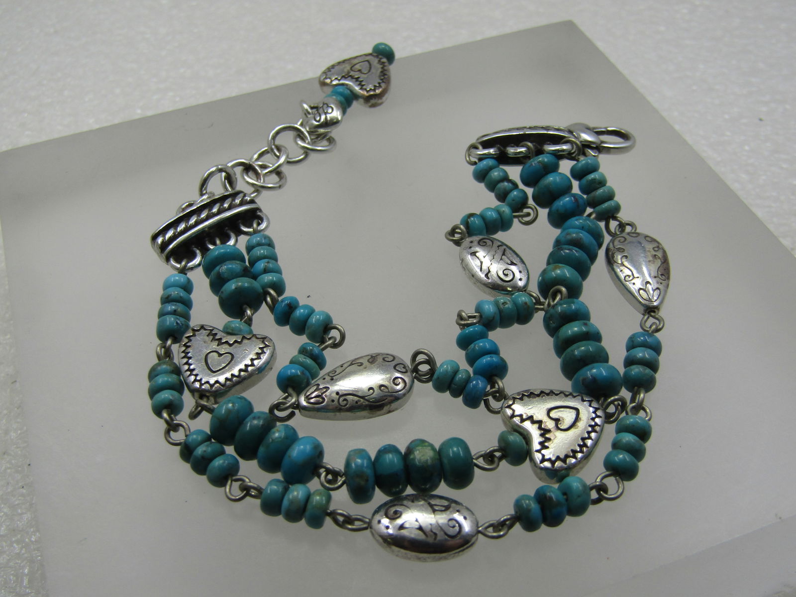 Vintage Turquoise Heart Triple Strand Bracelet, Brighton, Adjustable, Hopi Dreams Collection. - 4
