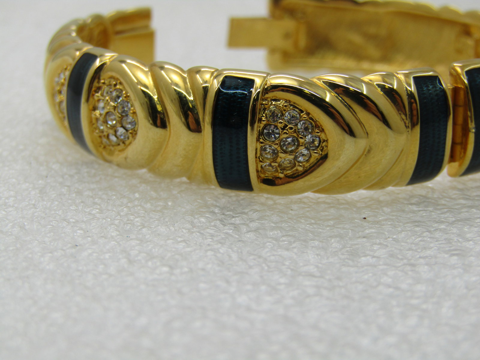 Vintage Joan Rivers Blue Enameled Hinged Bracelet, Pave CZ, 7", 14mm - 9