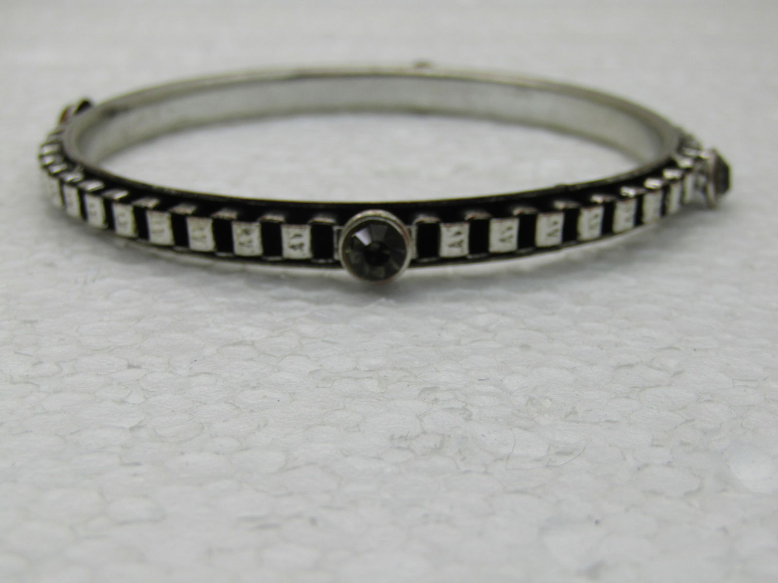 Vintage Box Link & Smoky Rhinestone Bangle Bracelet, 8.25", Silver Tone - 2