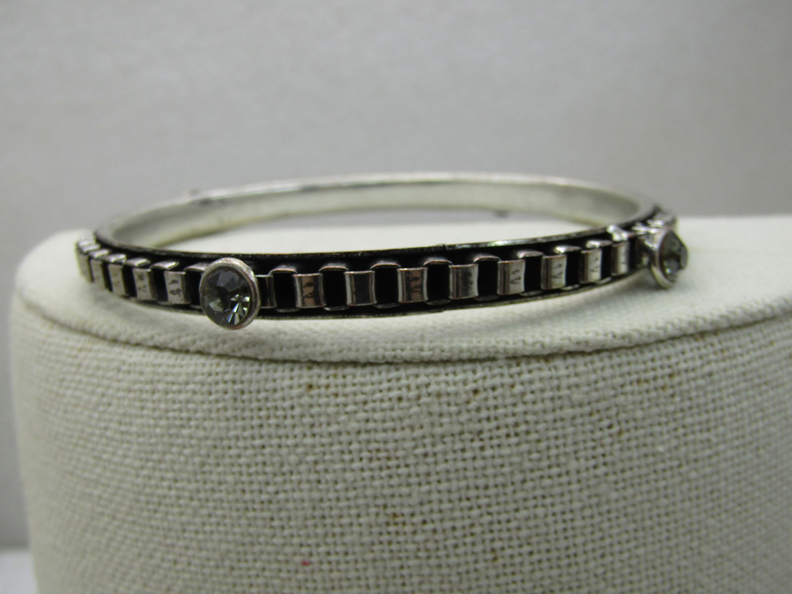 Vintage Box Link & Smoky Rhinestone Bangle Bracelet, 8.25", Silver Tone - 3