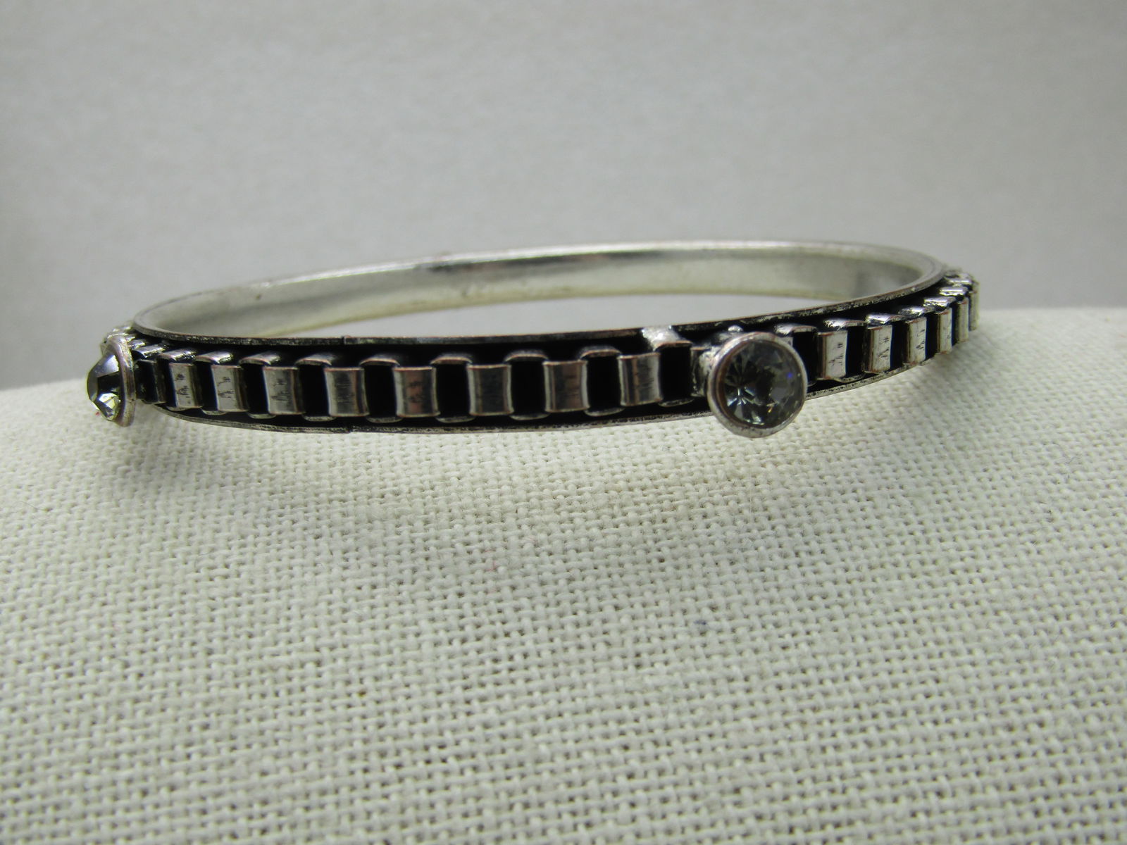 Vintage Box Link & Smoky Rhinestone Bangle Bracelet, 8.25", Silver Tone - 4