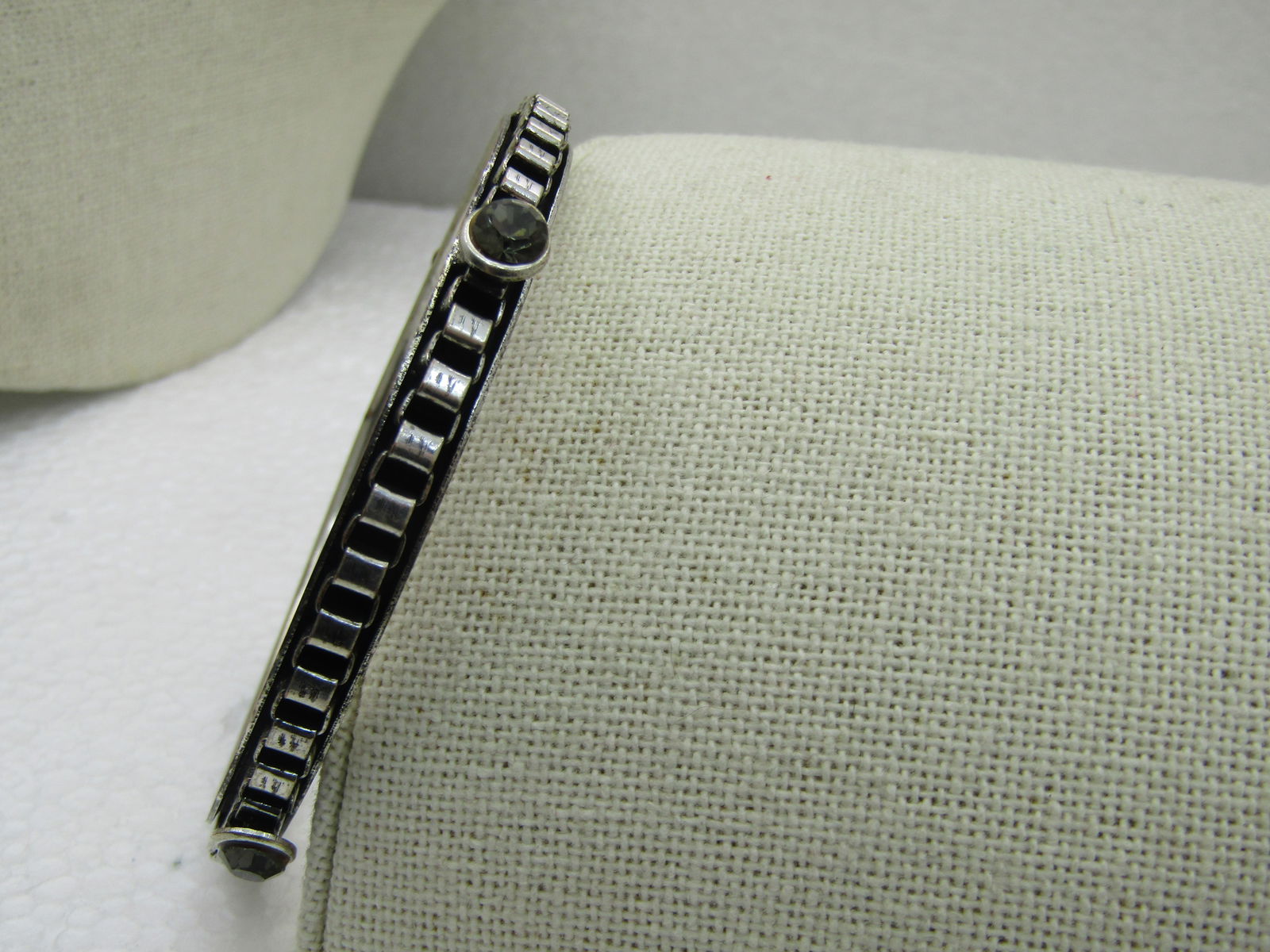 Vintage Box Link & Smoky Rhinestone Bangle Bracelet, 8.25", Silver Tone - 5