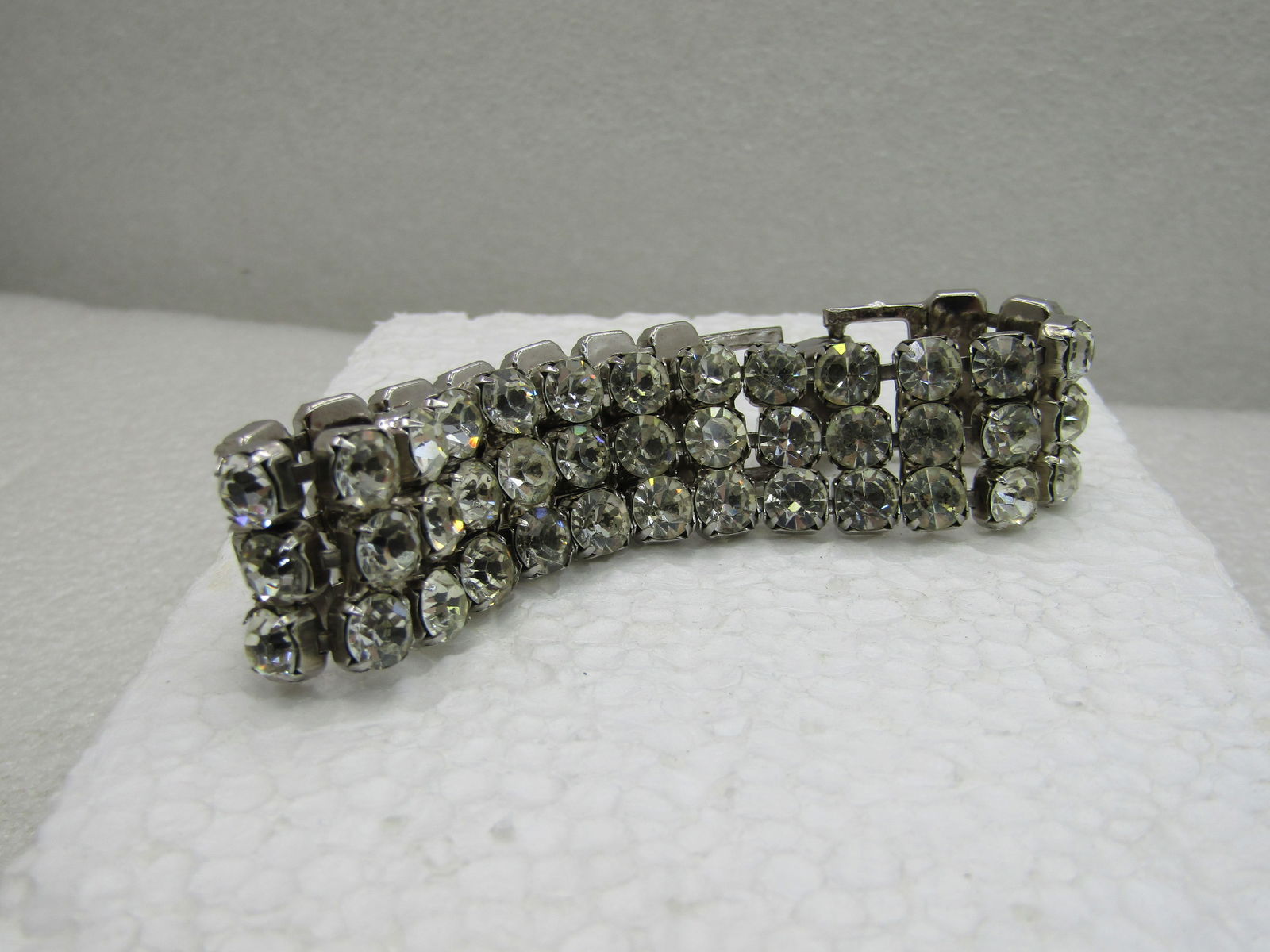 Vintage Triple Row Clear Rhinestone Bracelet, 8", Art Deco - 2