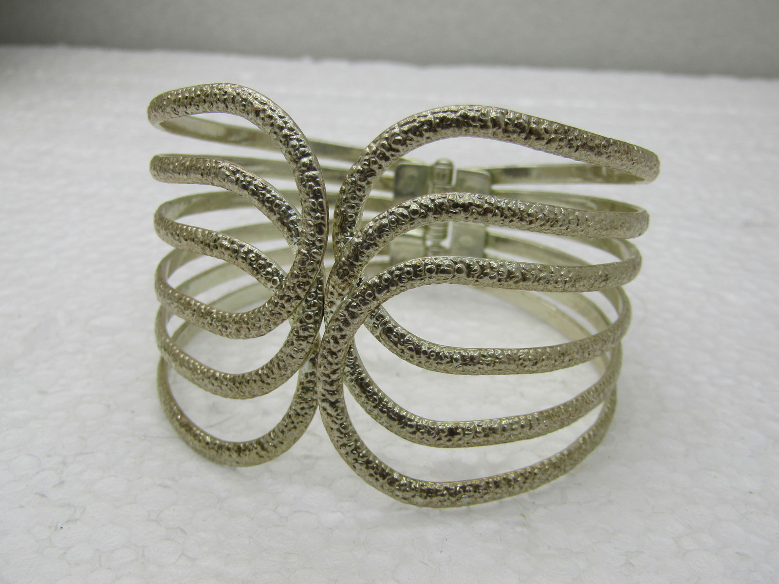 Vintage Wide Silver Tone Hinged Clamper Bracelet, 7.25", Textured, Open Design - 2