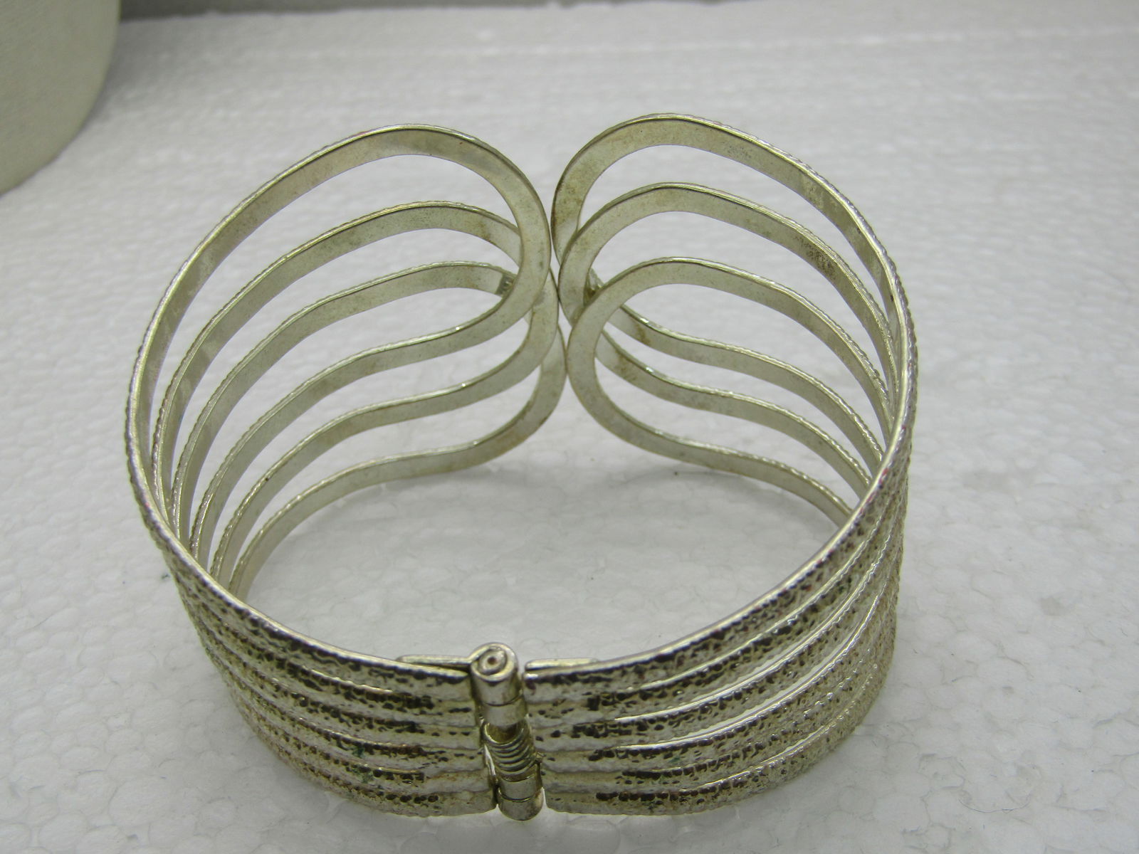 Vintage Wide Silver Tone Hinged Clamper Bracelet, 7.25", Textured, Open Design - 5