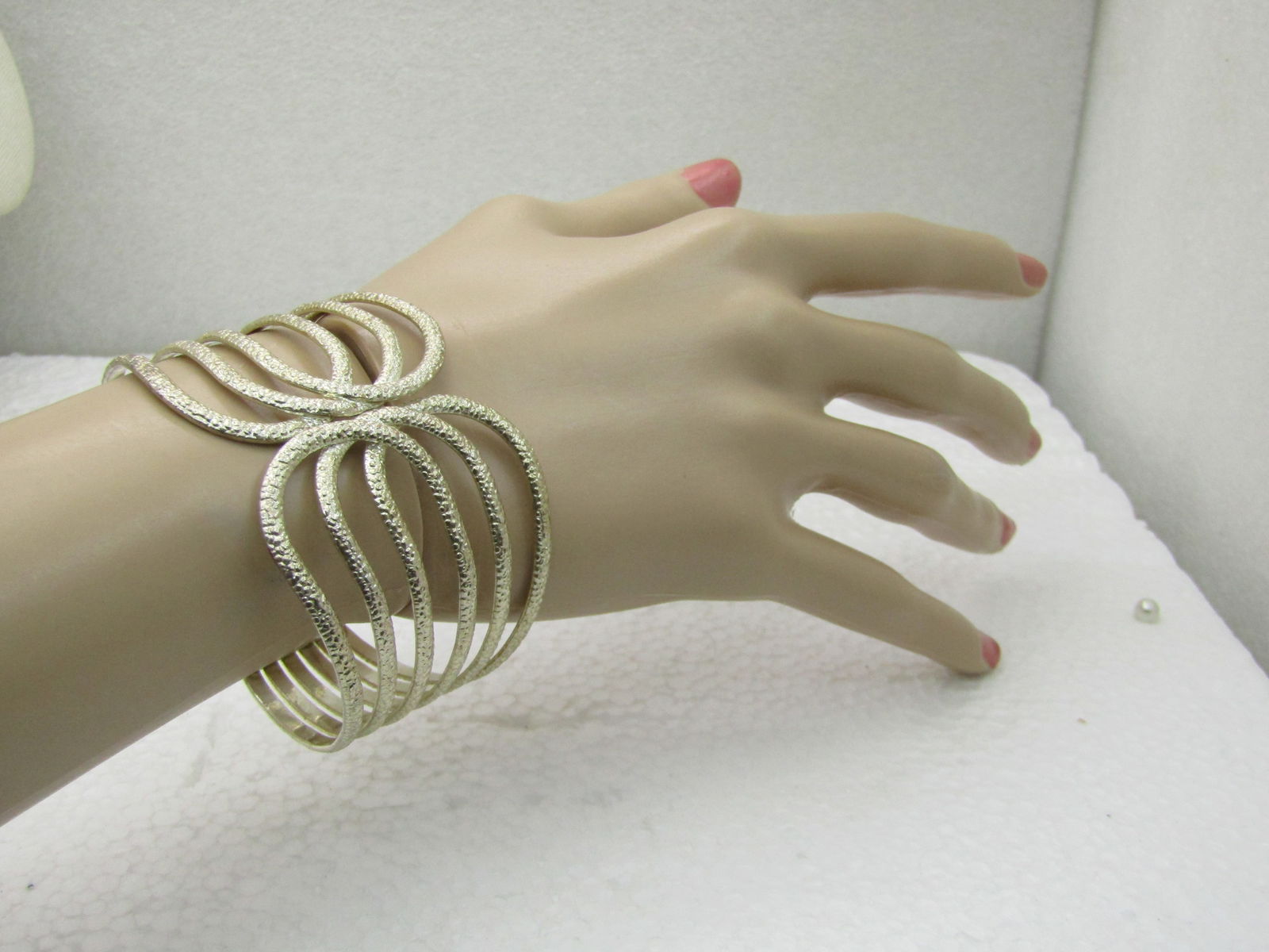 Vintage Wide Silver Tone Hinged Clamper Bracelet, 7.25", Textured, Open Design - 6