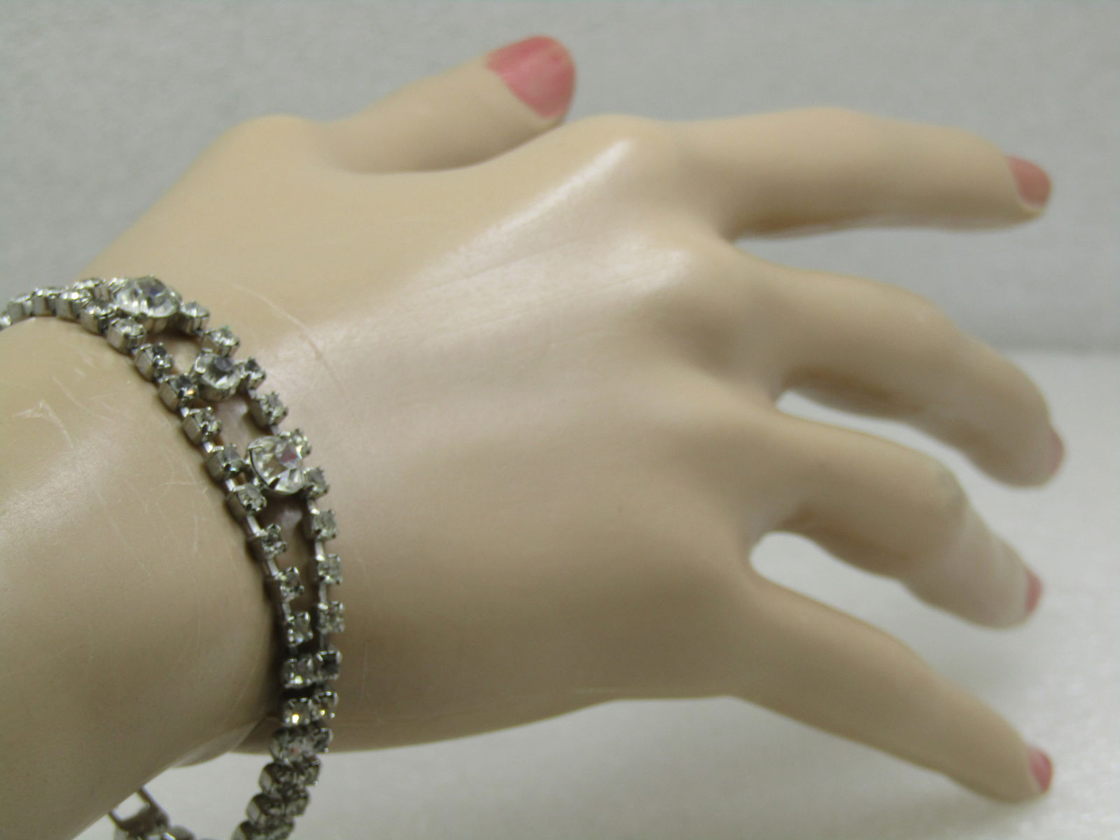 Vintage Clear Rhinestone Bracelet, 6.75" Art Deco Themed, 1960's - 7
