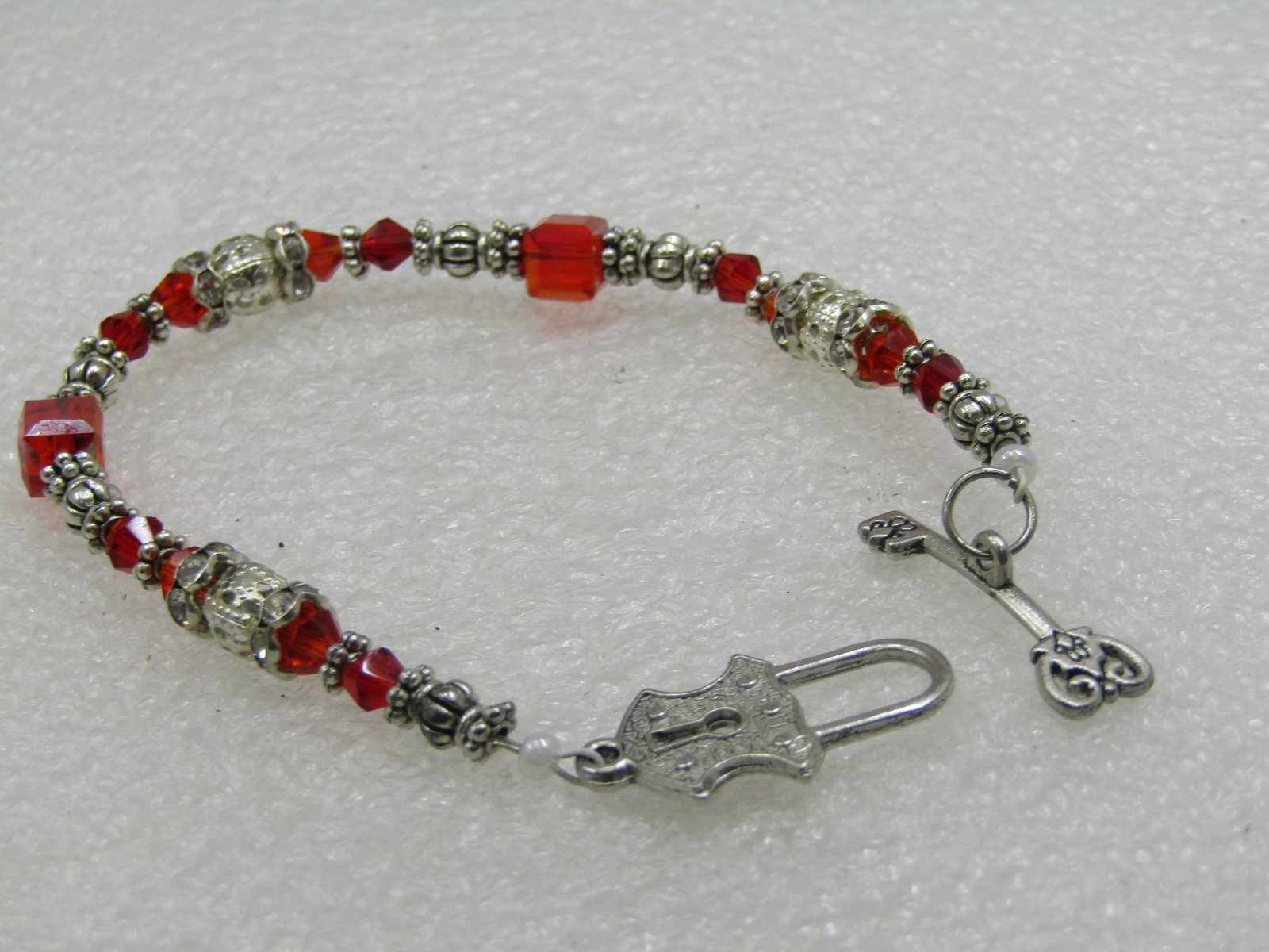 Vintage Silver Tone & Red Crystal Beaded Bracelet, Lock Toggel Clasp, 7" - 2