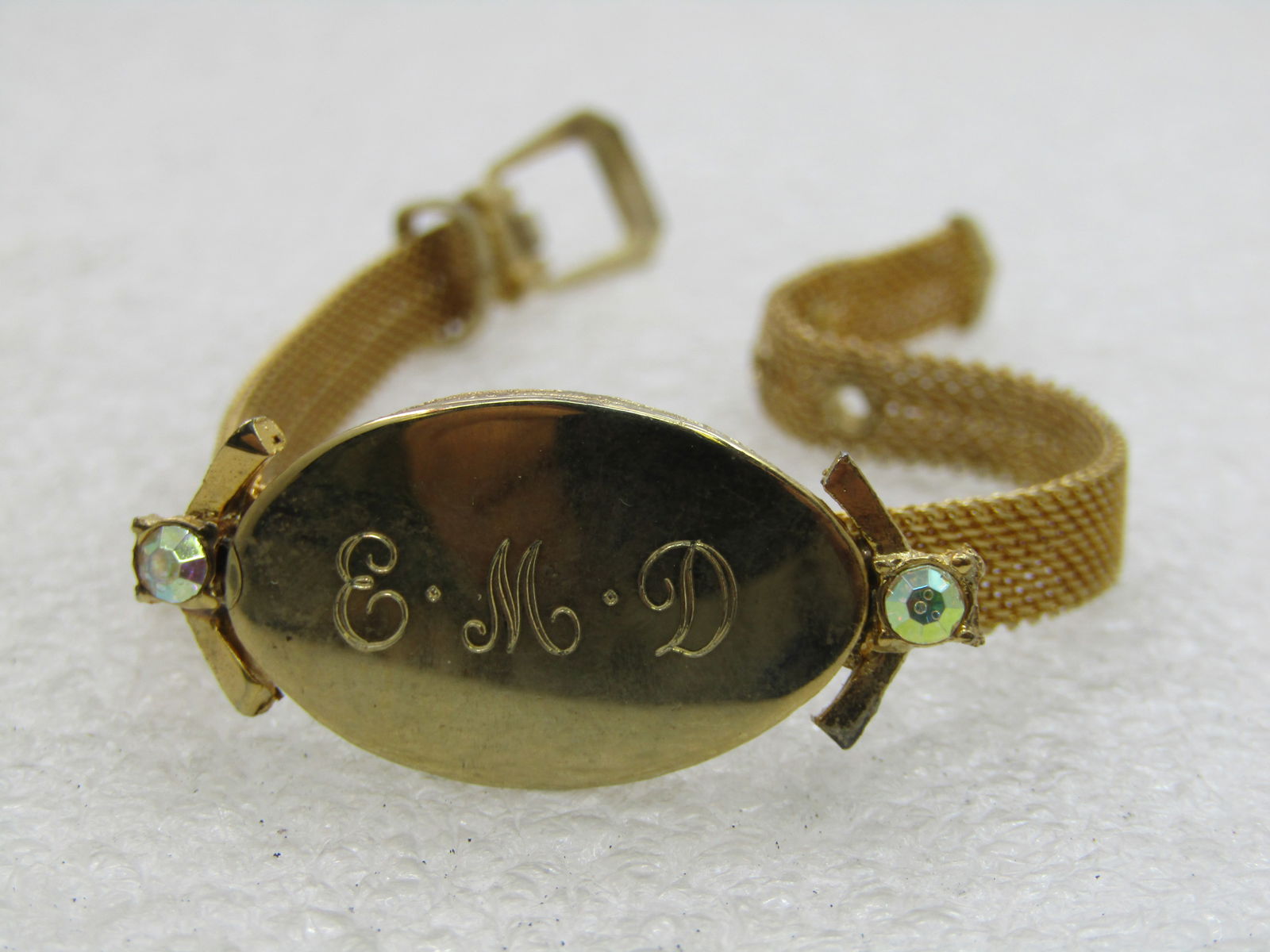 Vintage Mesh Belt Bracelet Engraved EMD, 7", Gold tone, 1960's - 2