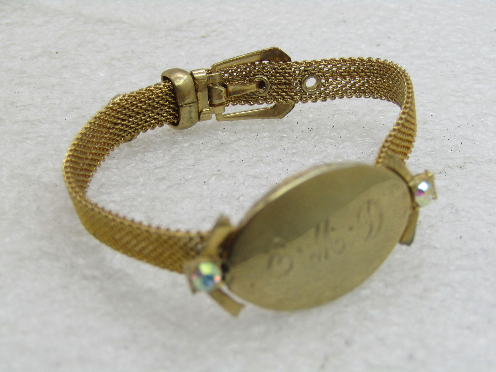 Vintage Mesh Belt Bracelet Engraved EMD, 7", Gold tone, 1960's - 6