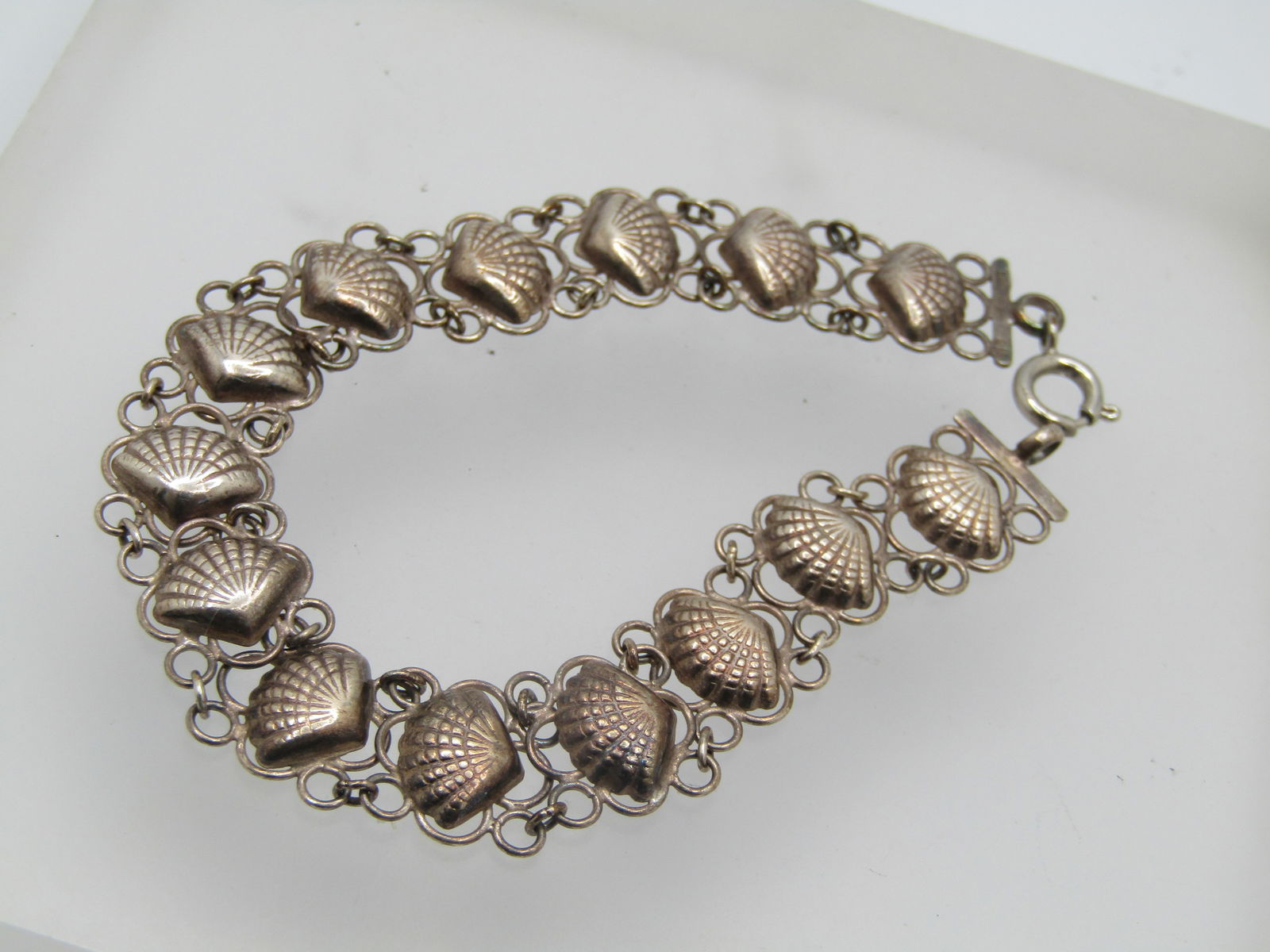Vintage Sterling Seashell Filigree Bracelet, 7.5", 1940's-1950's - 3