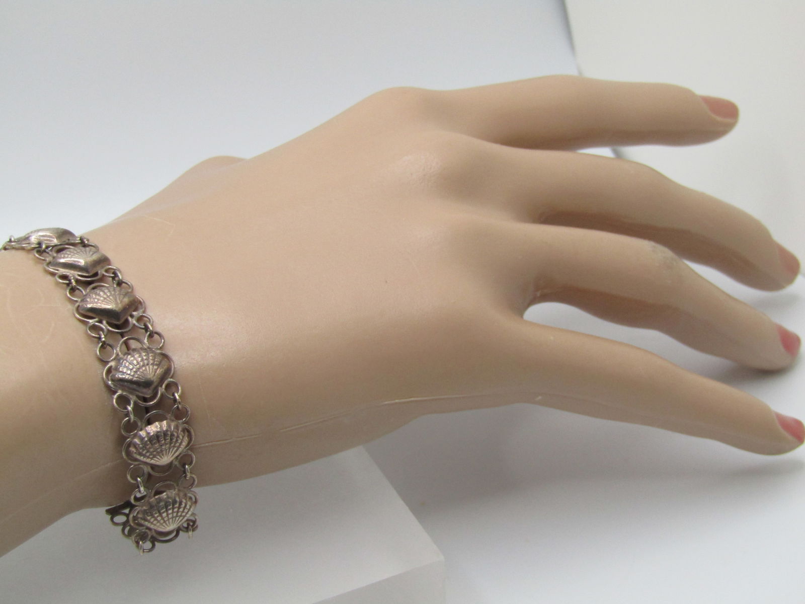 Vintage Sterling Seashell Filigree Bracelet, 7.5", 1940's-1950's - 7