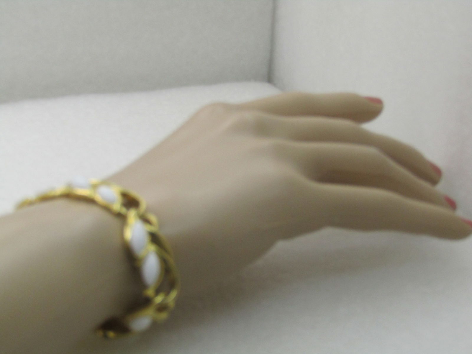 Vintage Trifari White Stoned Bracelet, Art Deco Themed, 7.25" Gold Tone, 1970's-1980's - 5