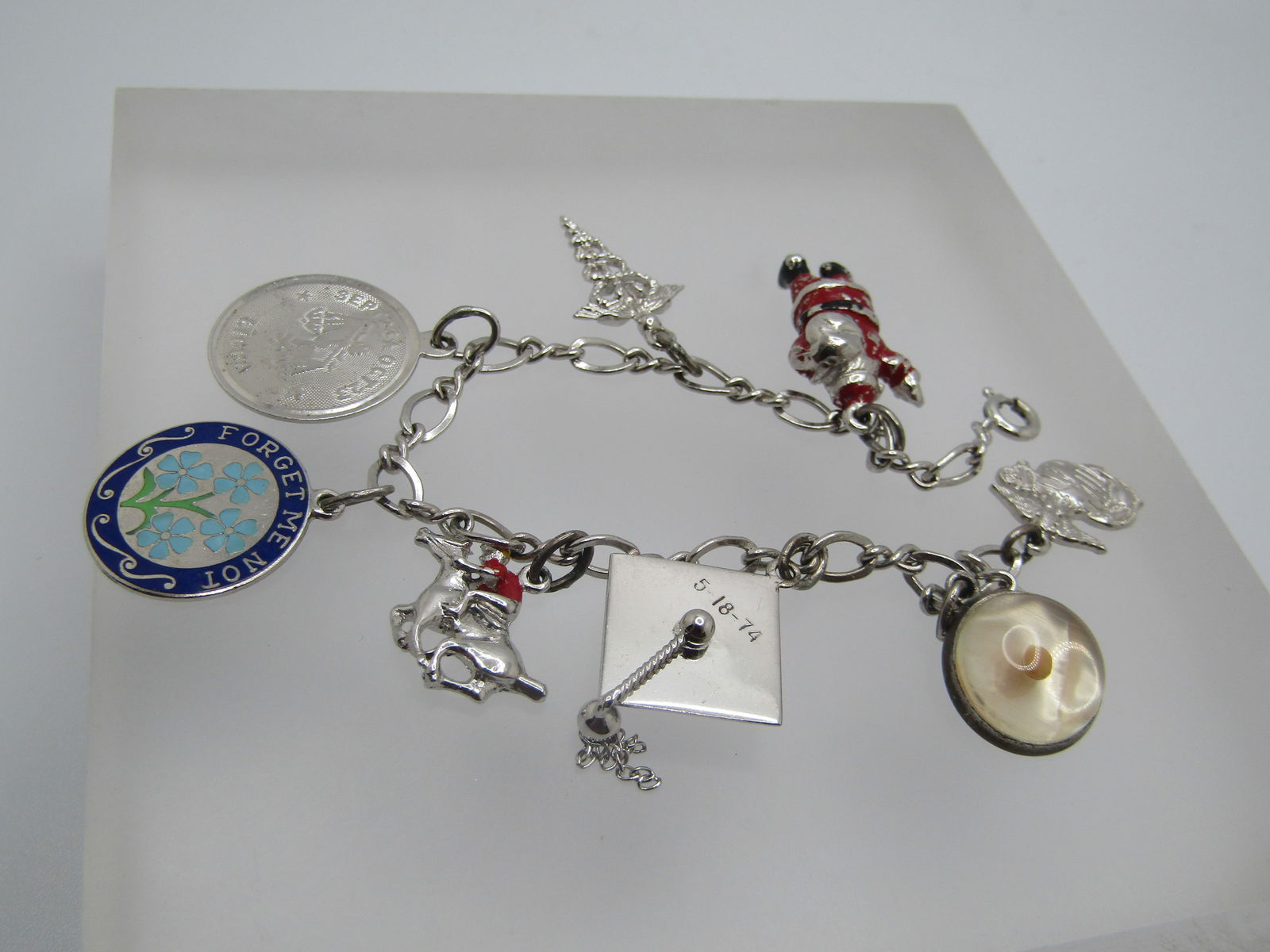 Vintage Sterling Charm Bracelet , 8 Charms, 6", 1970's - 2