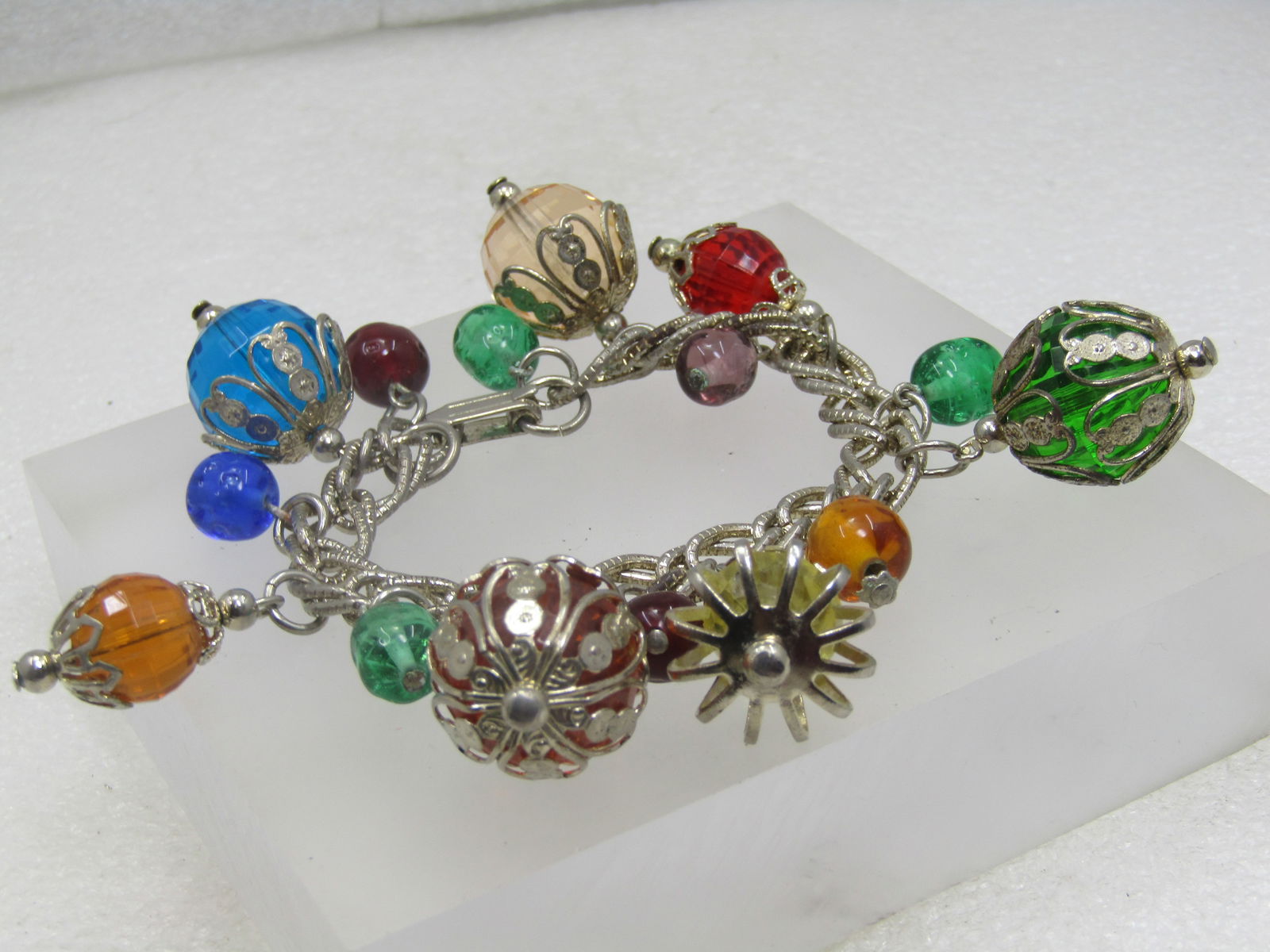 Vintage Gemtone Beaded Bracelet, 7", 1950's-1960's, Filigree Capped - 2