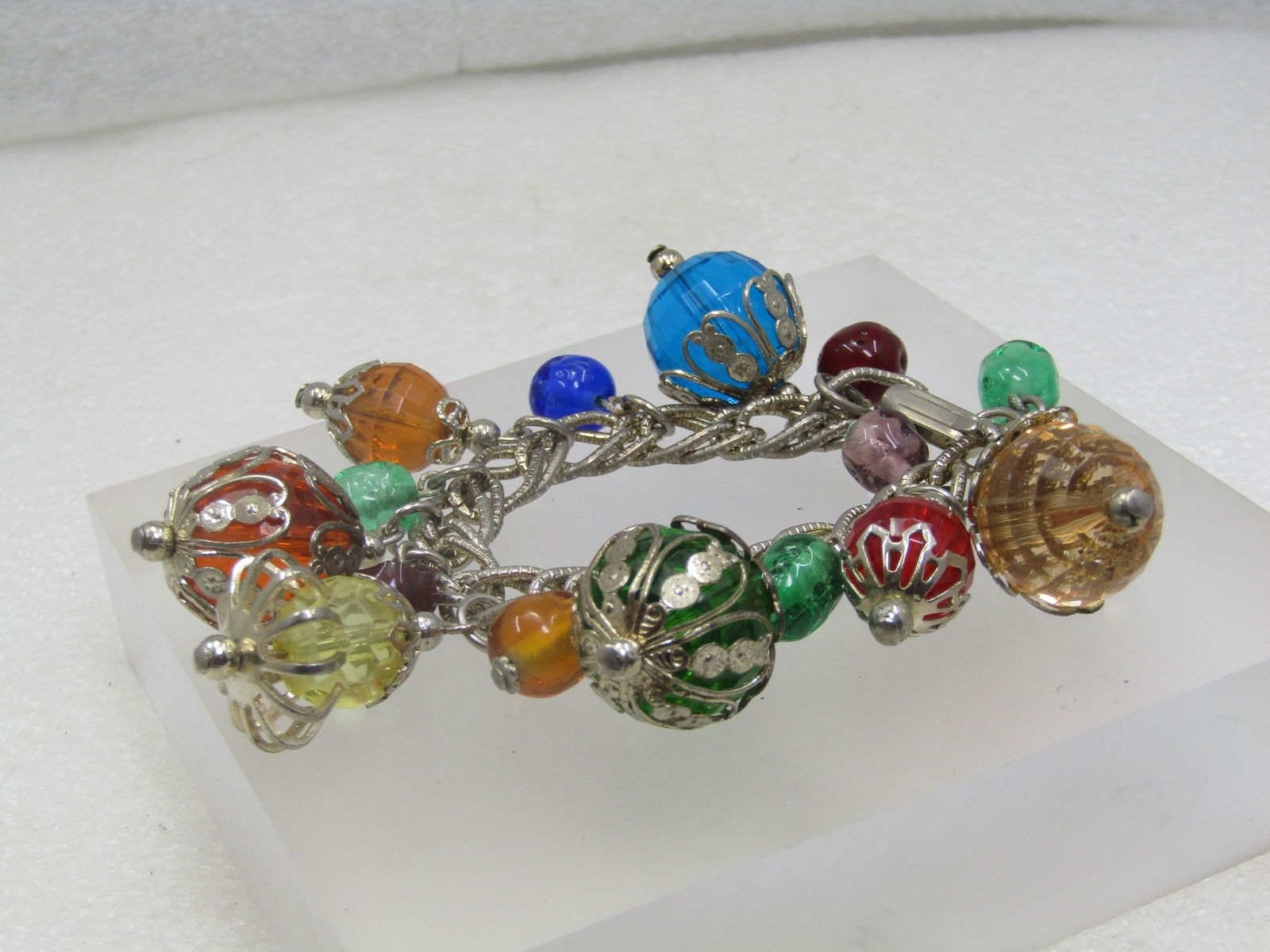 Vintage Gemtone Beaded Bracelet, 7", 1950's-1960's, Filigree Capped - 3