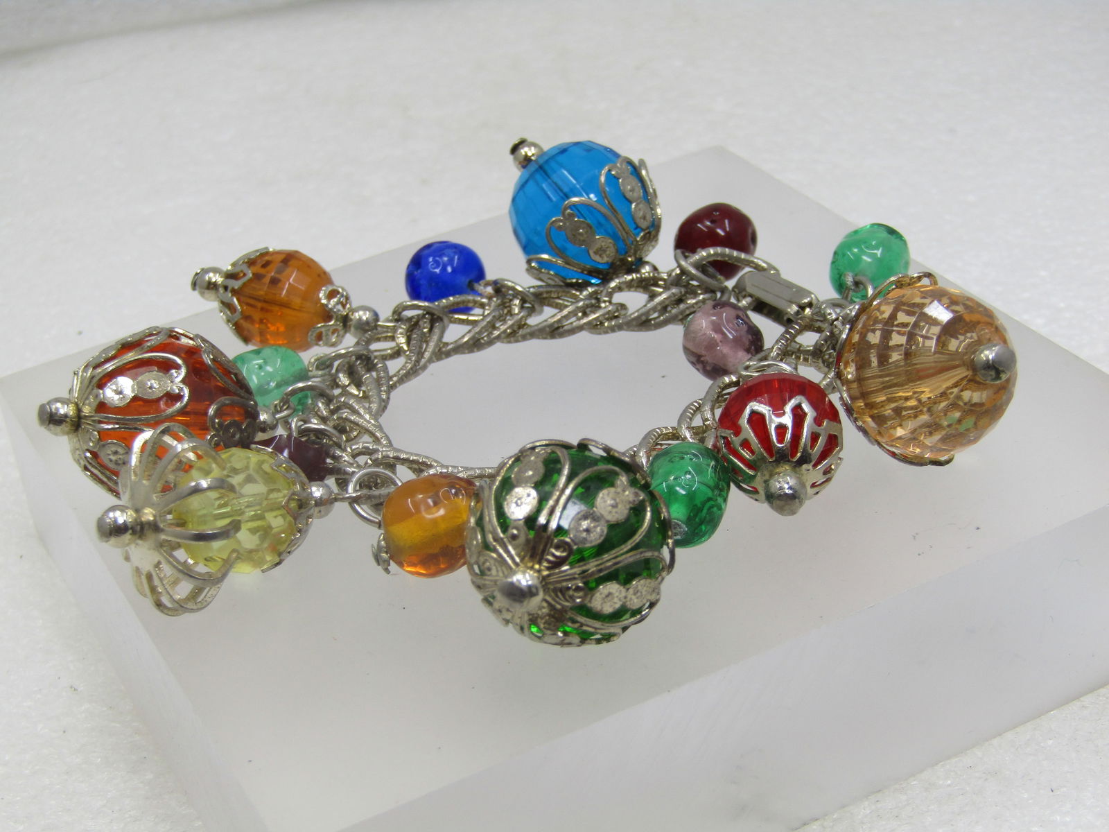 Vintage Gemtone Beaded Bracelet, 7", 1950's-1960's, Filigree Capped - 4