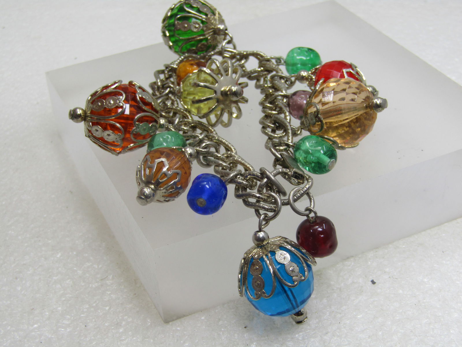 Vintage Gemtone Beaded Bracelet, 7", 1950's-1960's, Filigree Capped - 5