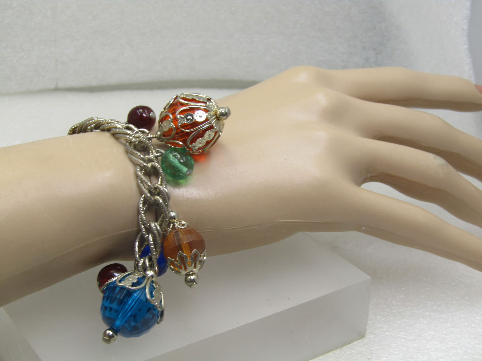 Vintage Gemtone Beaded Bracelet, 7", 1950's-1960's, Filigree Capped - 7