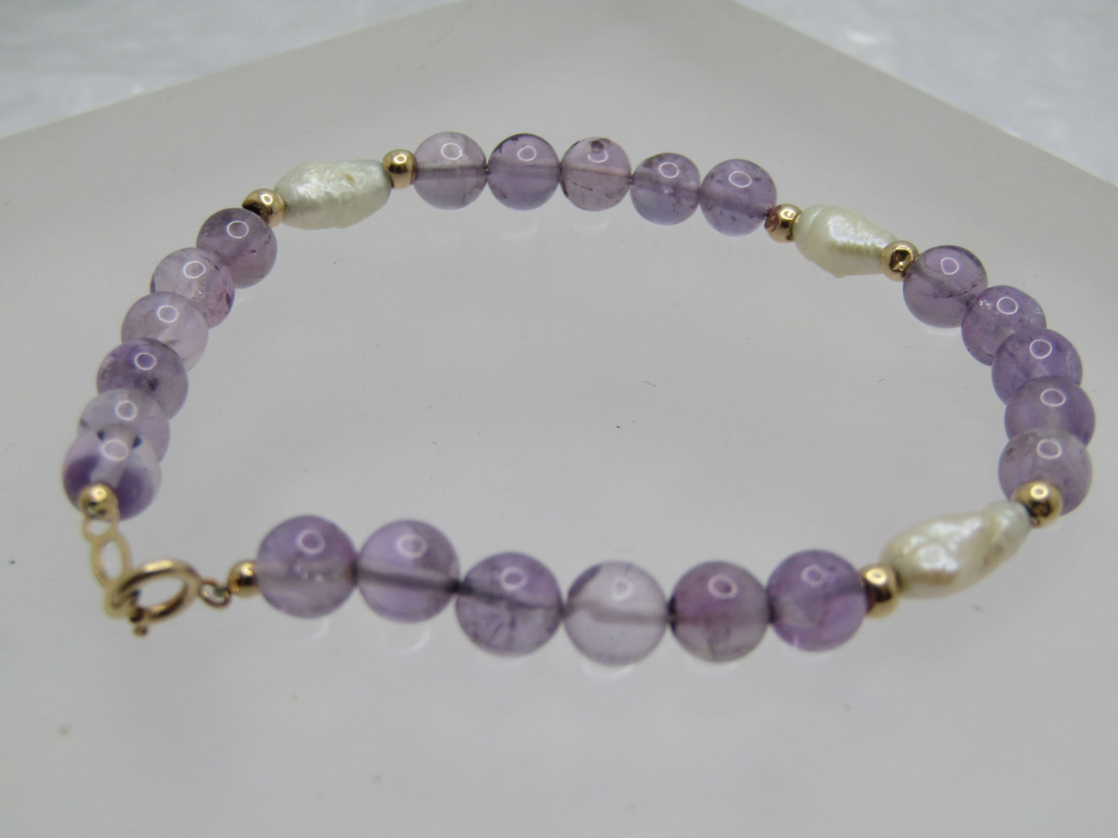Vintage 14kt Amethyst & Freshwater Pearl Bracelet, 7", Signed H, 1980's-1990's - 3