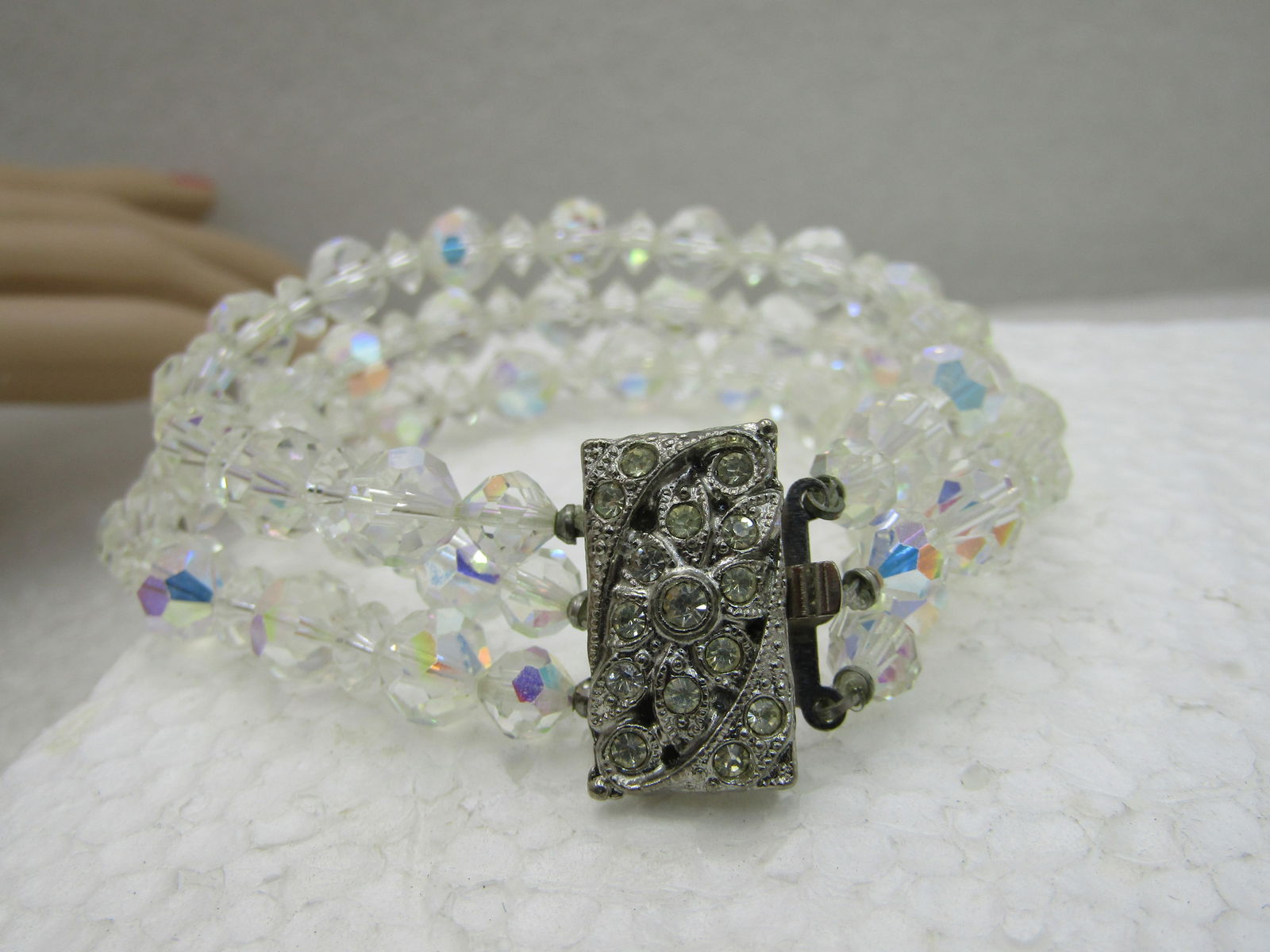 Vintage Clear Aurora Borealis Crystal Bracelet, Tripe Row, Ornate Clasp, 7.25" - 2