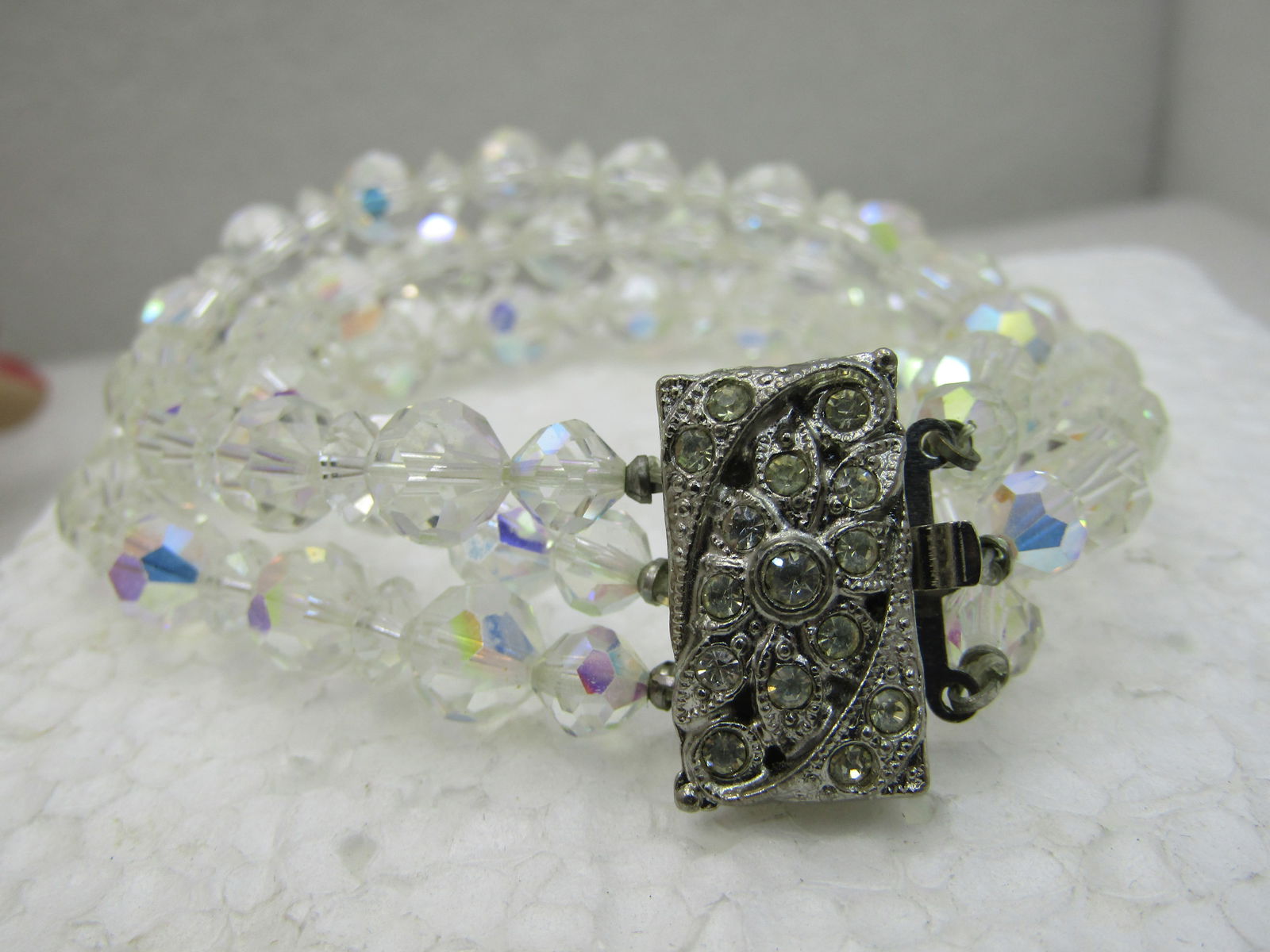 Vintage Clear Aurora Borealis Crystal Bracelet, Tripe Row, Ornate Clasp, 7.25" - 3