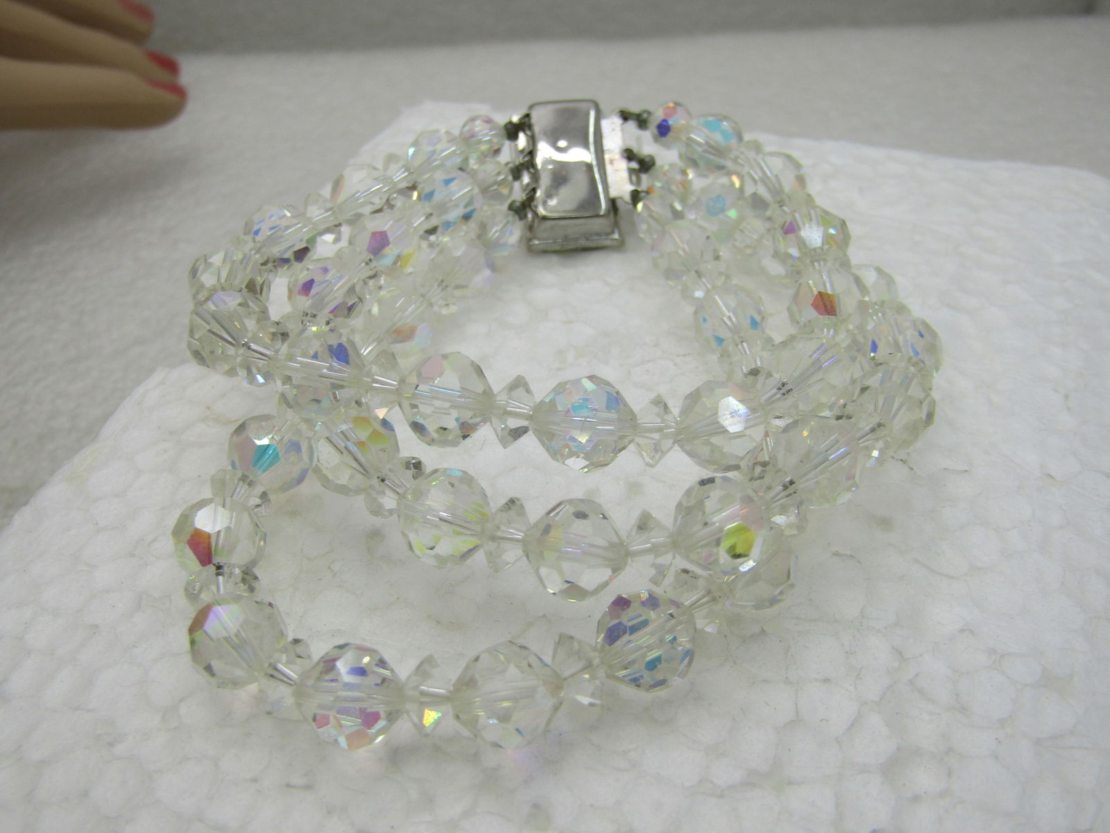 Vintage Clear Aurora Borealis Crystal Bracelet, Tripe Row, Ornate Clasp, 7.25" - 4