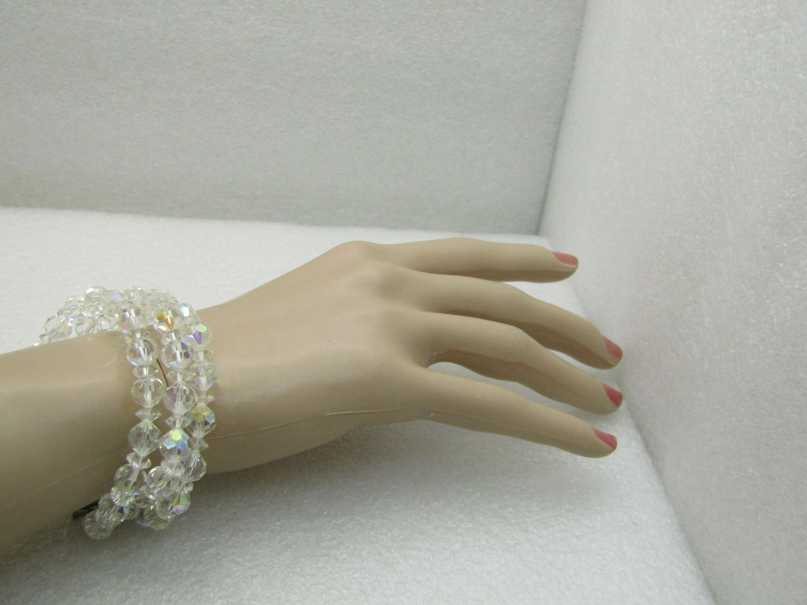 Vintage Clear Aurora Borealis Crystal Bracelet, Tripe Row, Ornate Clasp, 7.25" - 5
