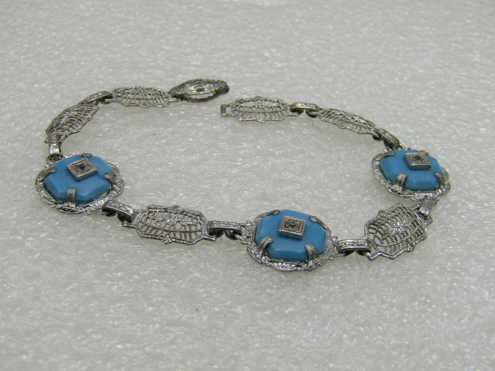 Vintage Art Deco Filigree Turquoise Glass Bracelet, 7", Rhodium Plated - 2