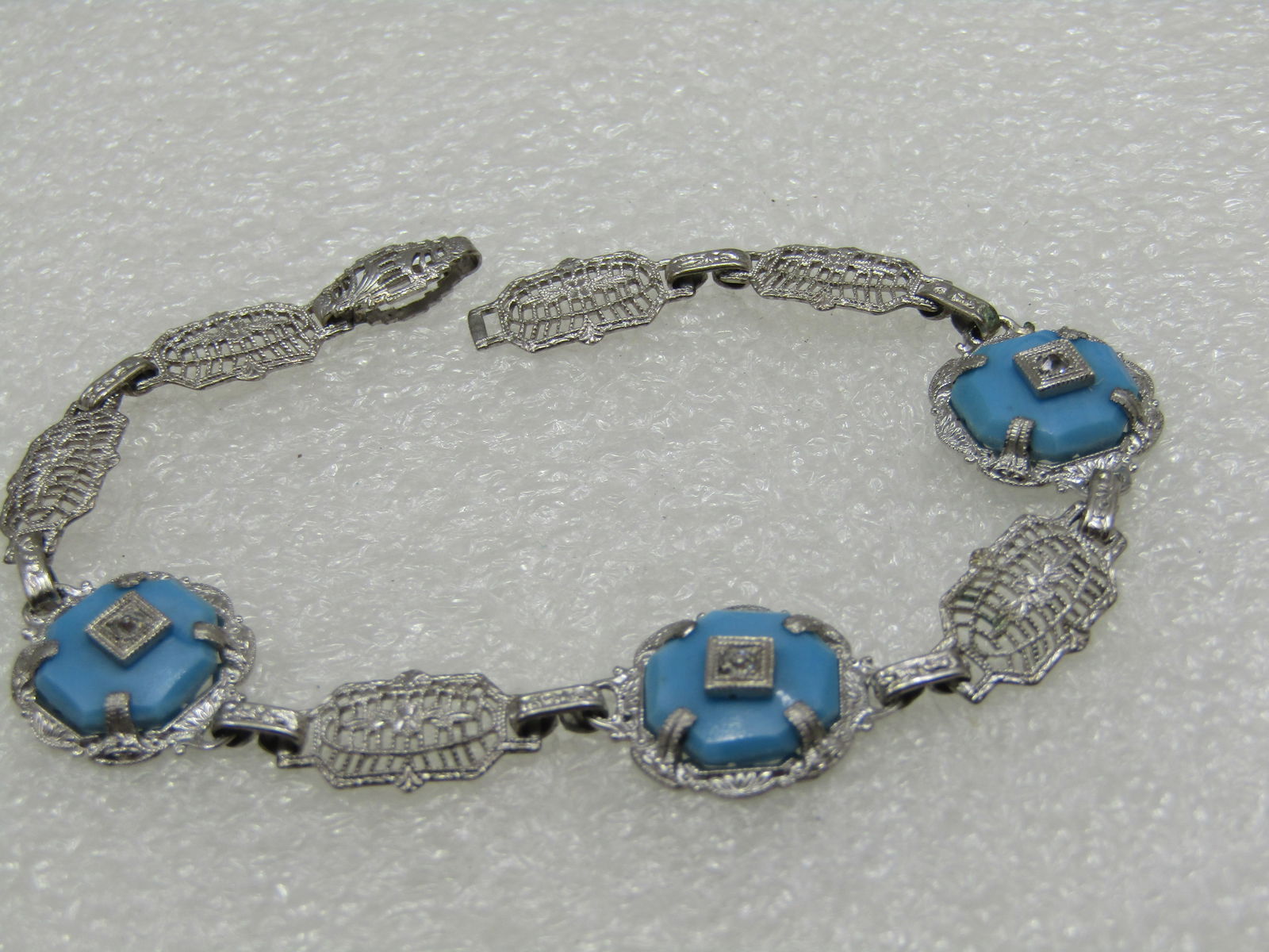 Vintage Art Deco Filigree Turquoise Glass Bracelet, 7", Rhodium Plated - 3