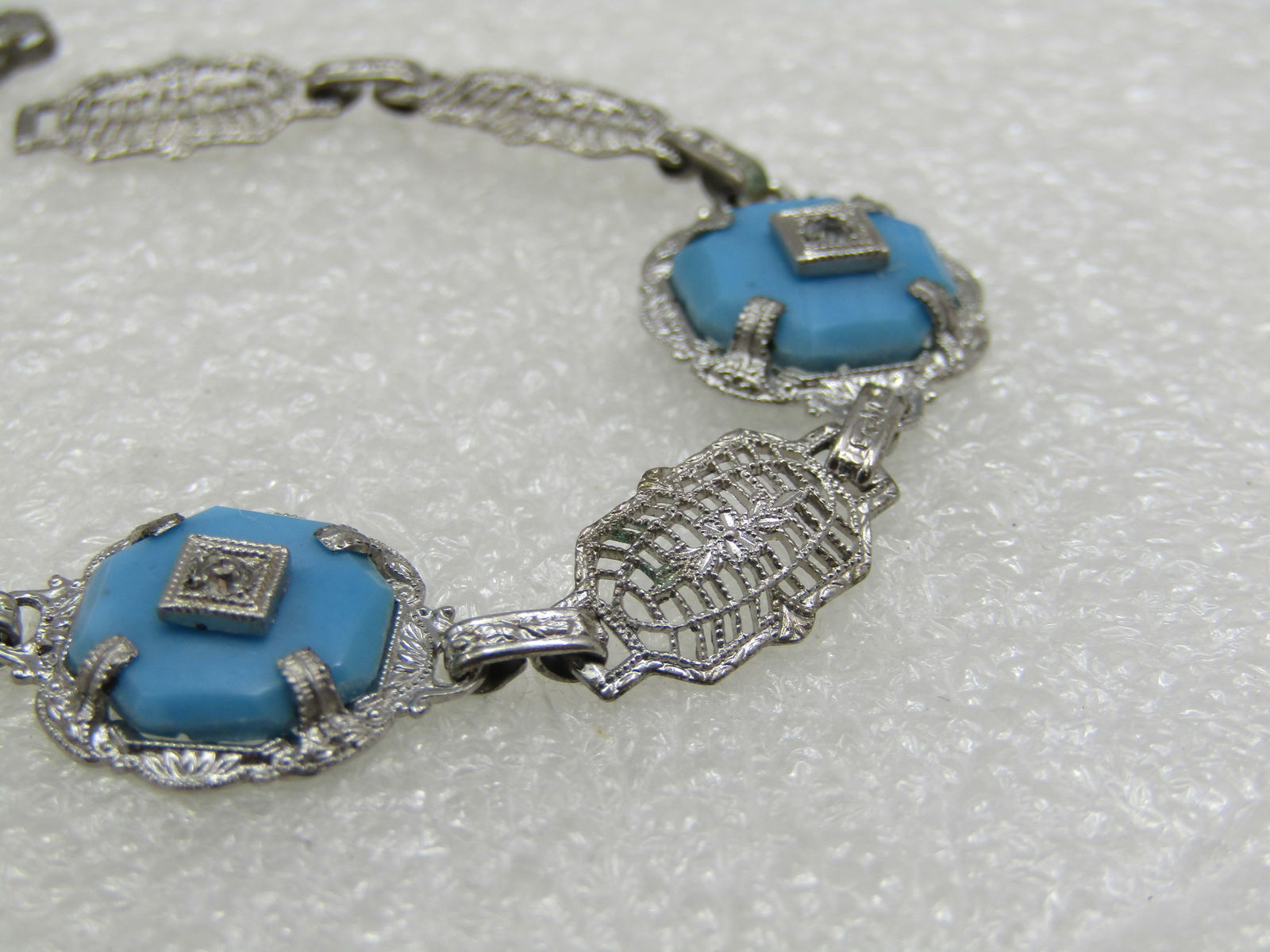 Vintage Art Deco Filigree Turquoise Glass Bracelet, 7", Rhodium Plated - 4