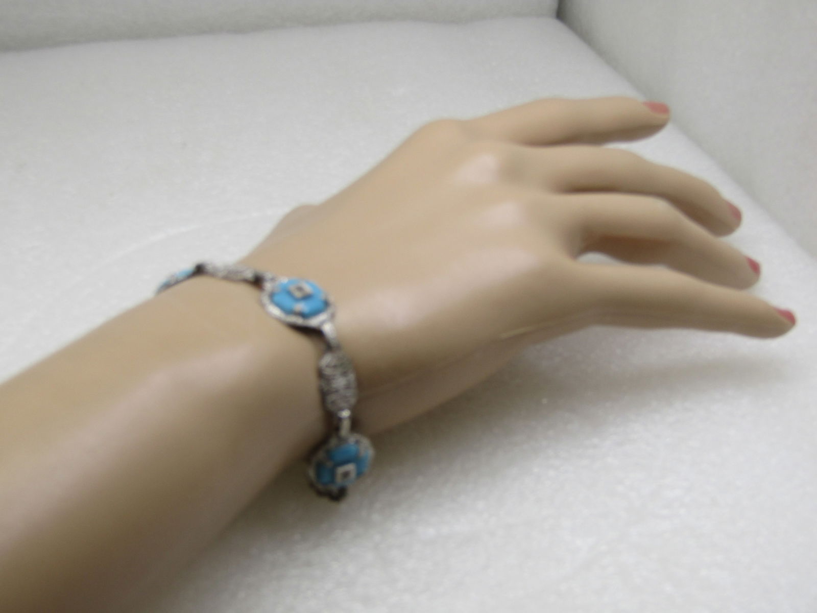 Vintage Art Deco Filigree Turquoise Glass Bracelet, 7", Rhodium Plated - 6