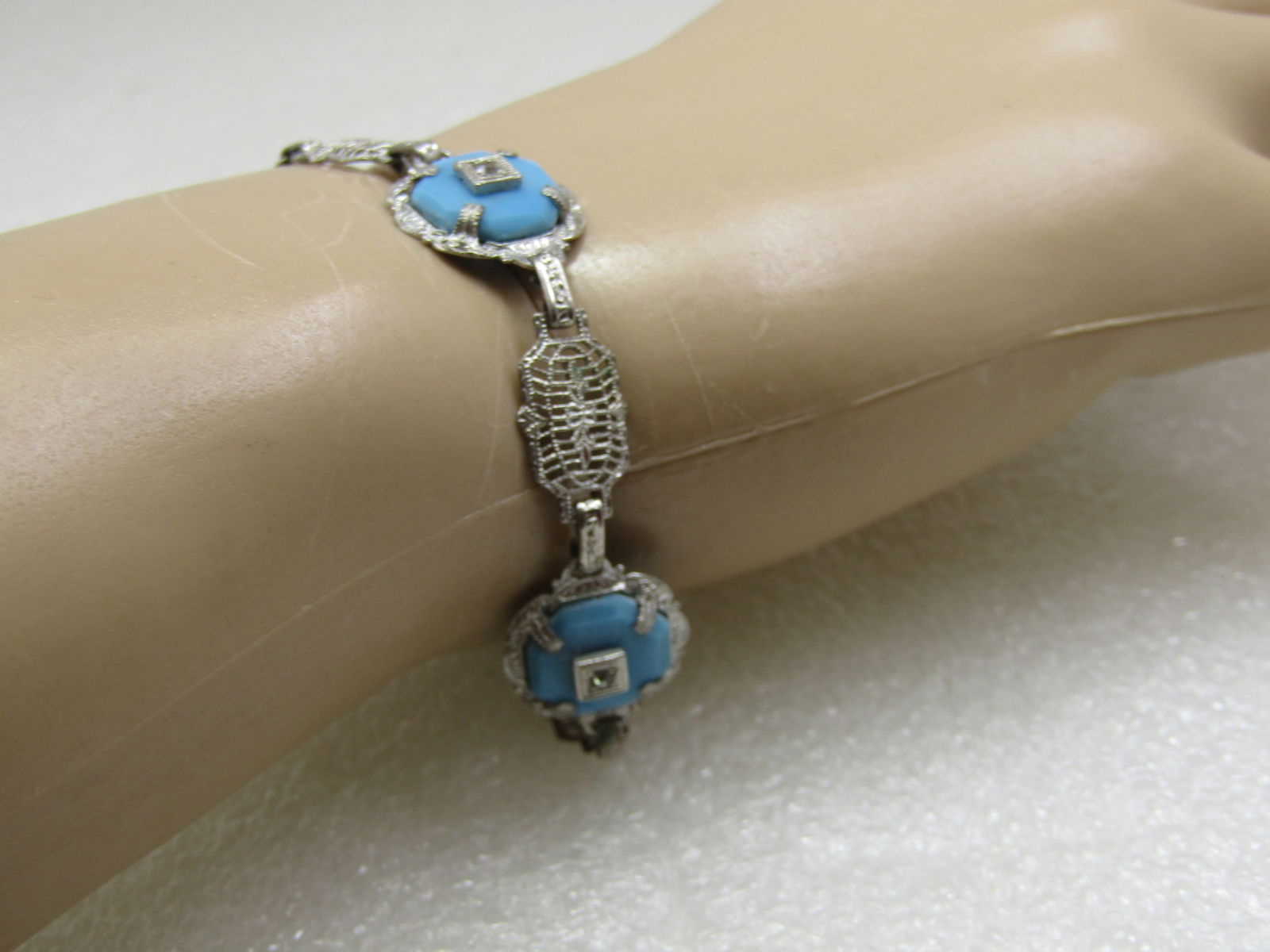 Vintage Art Deco Filigree Turquoise Glass Bracelet, 7", Rhodium Plated - 7