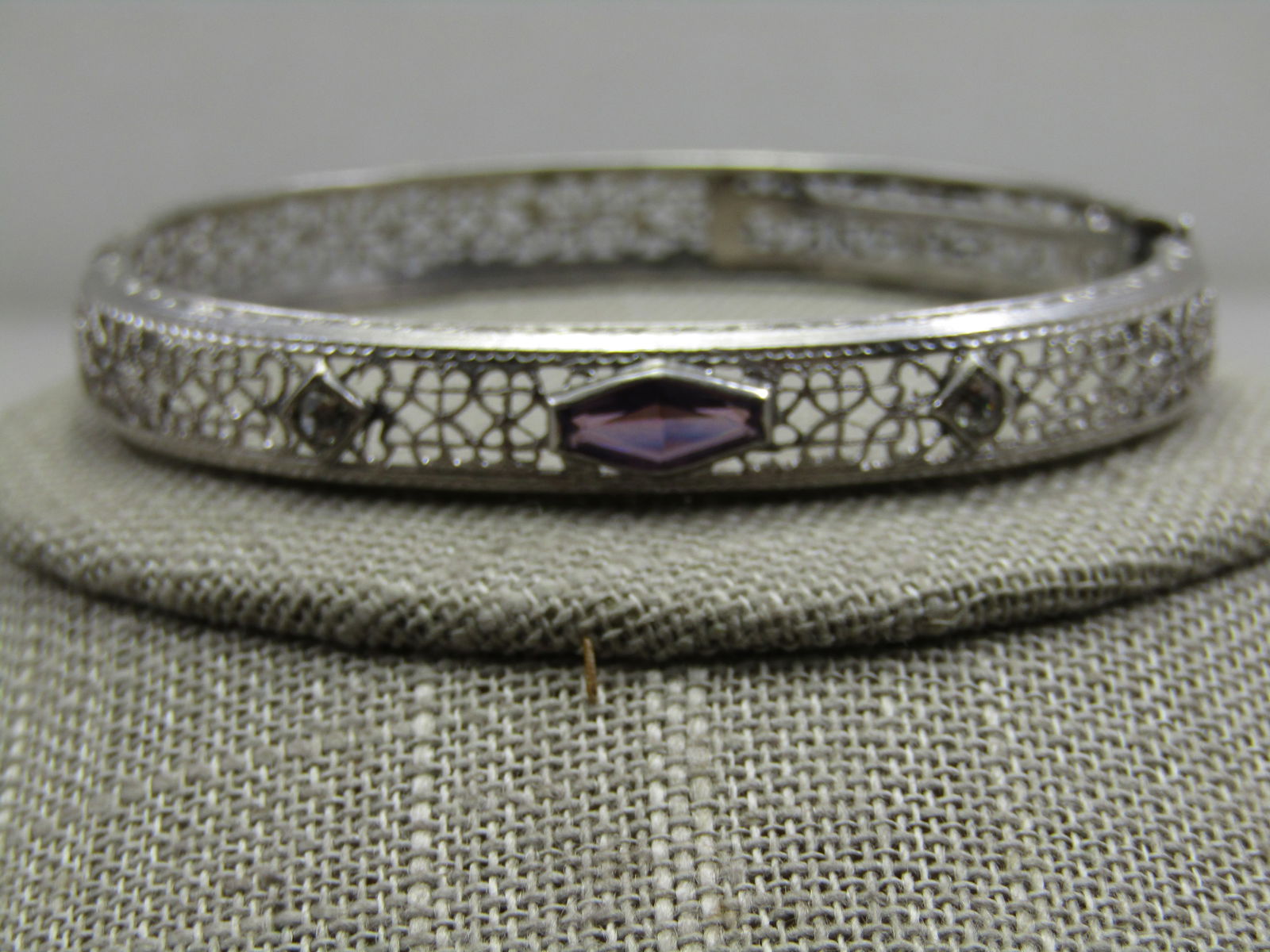 Vintage Art Deco Slide Bangle Bracelet, 7" Purple Stone, Signed RMCO. - 3