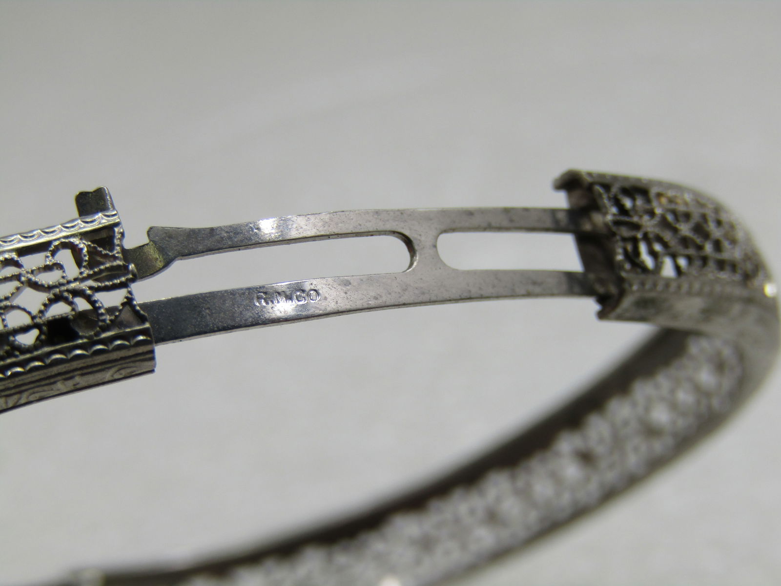 Vintage Art Deco Slide Bangle Bracelet, 7" Purple Stone, Signed RMCO. - 4