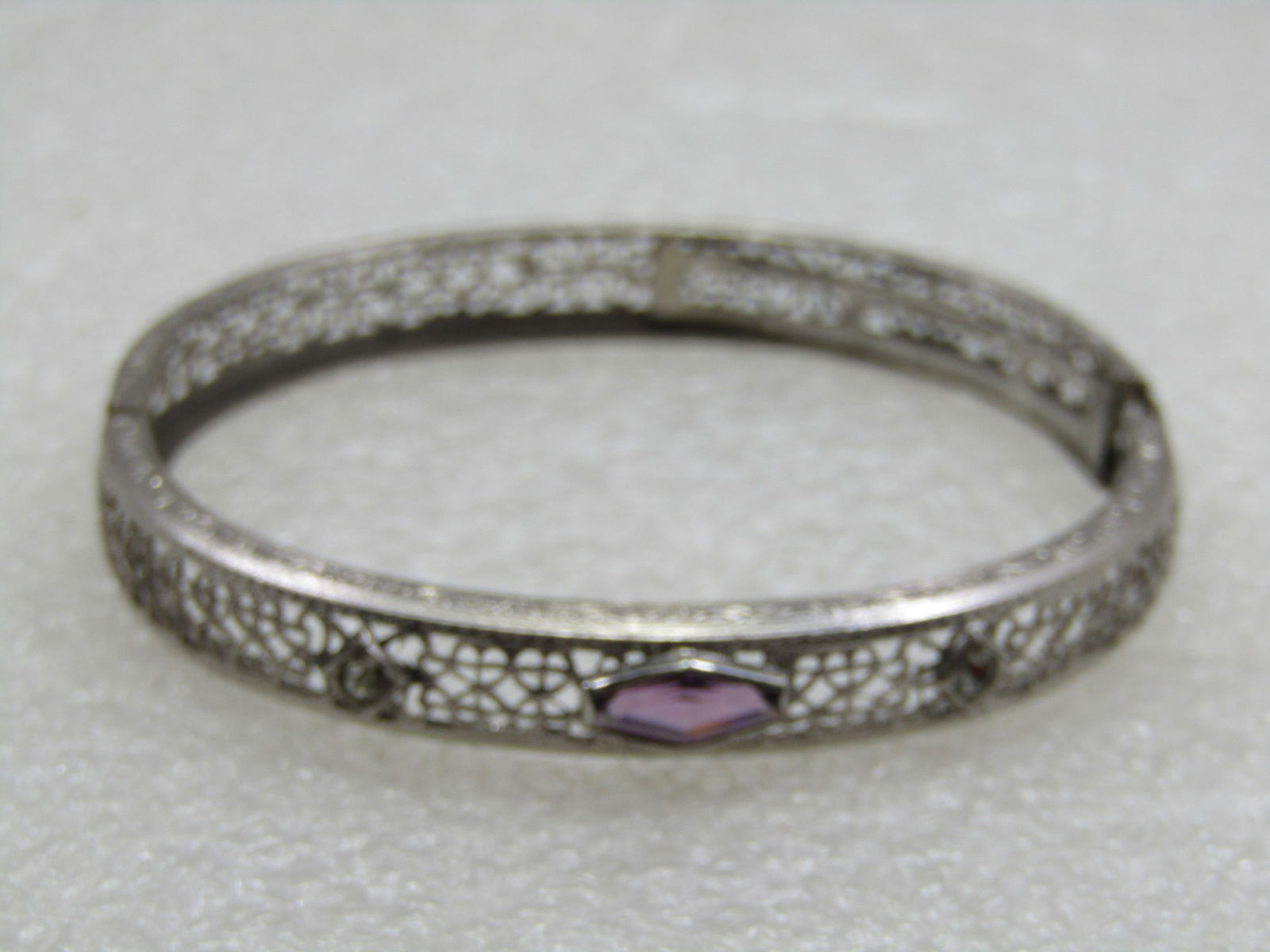 Vintage Art Deco Slide Bangle Bracelet, 7" Purple Stone, Signed RMCO. - 6