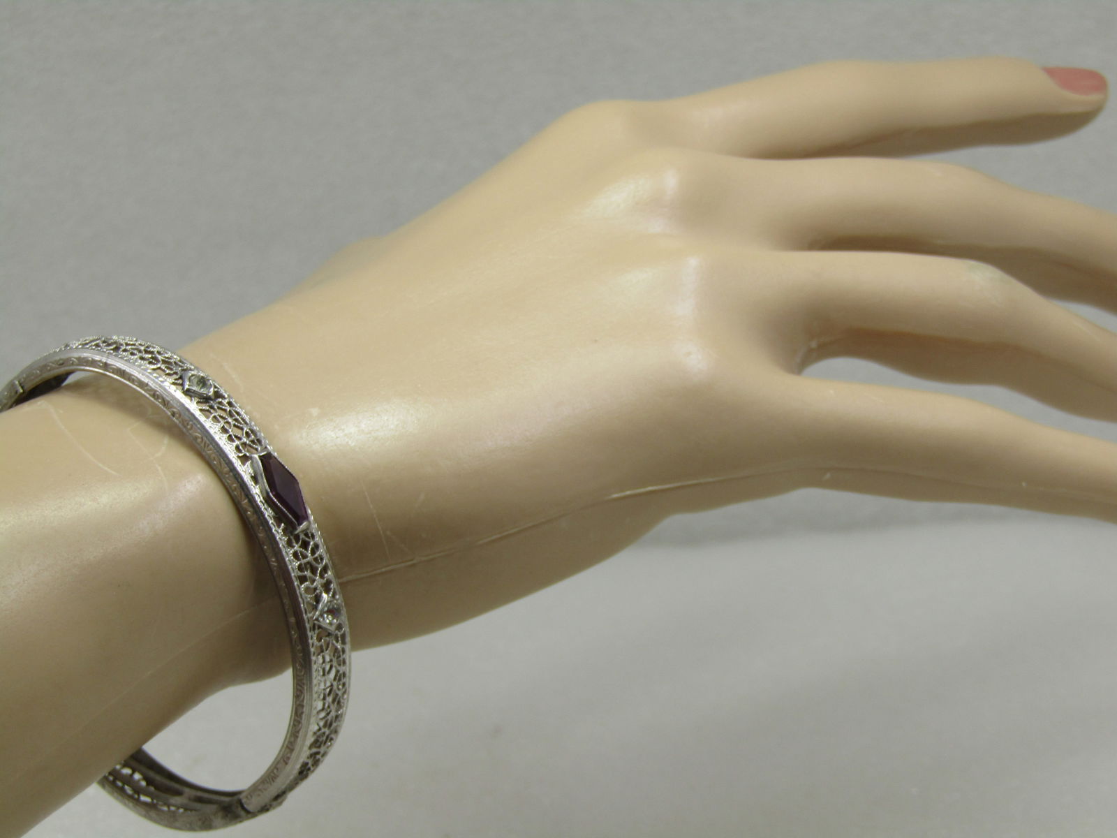 Vintage Art Deco Slide Bangle Bracelet, 7" Purple Stone, Signed RMCO. - 7
