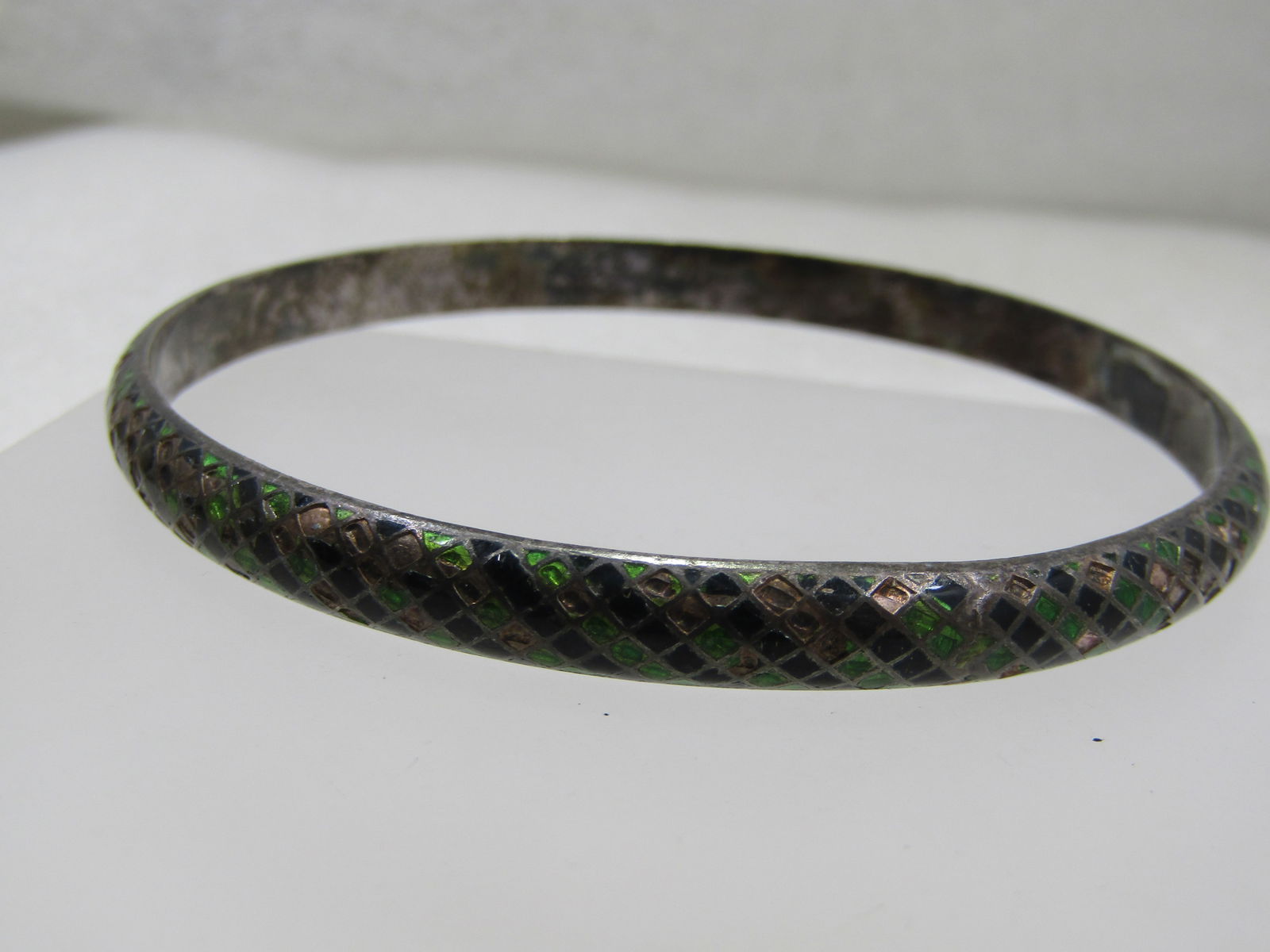 Vintage Sterling Enameled Black & Green Bangle Bracelet, 8.25" India - 2