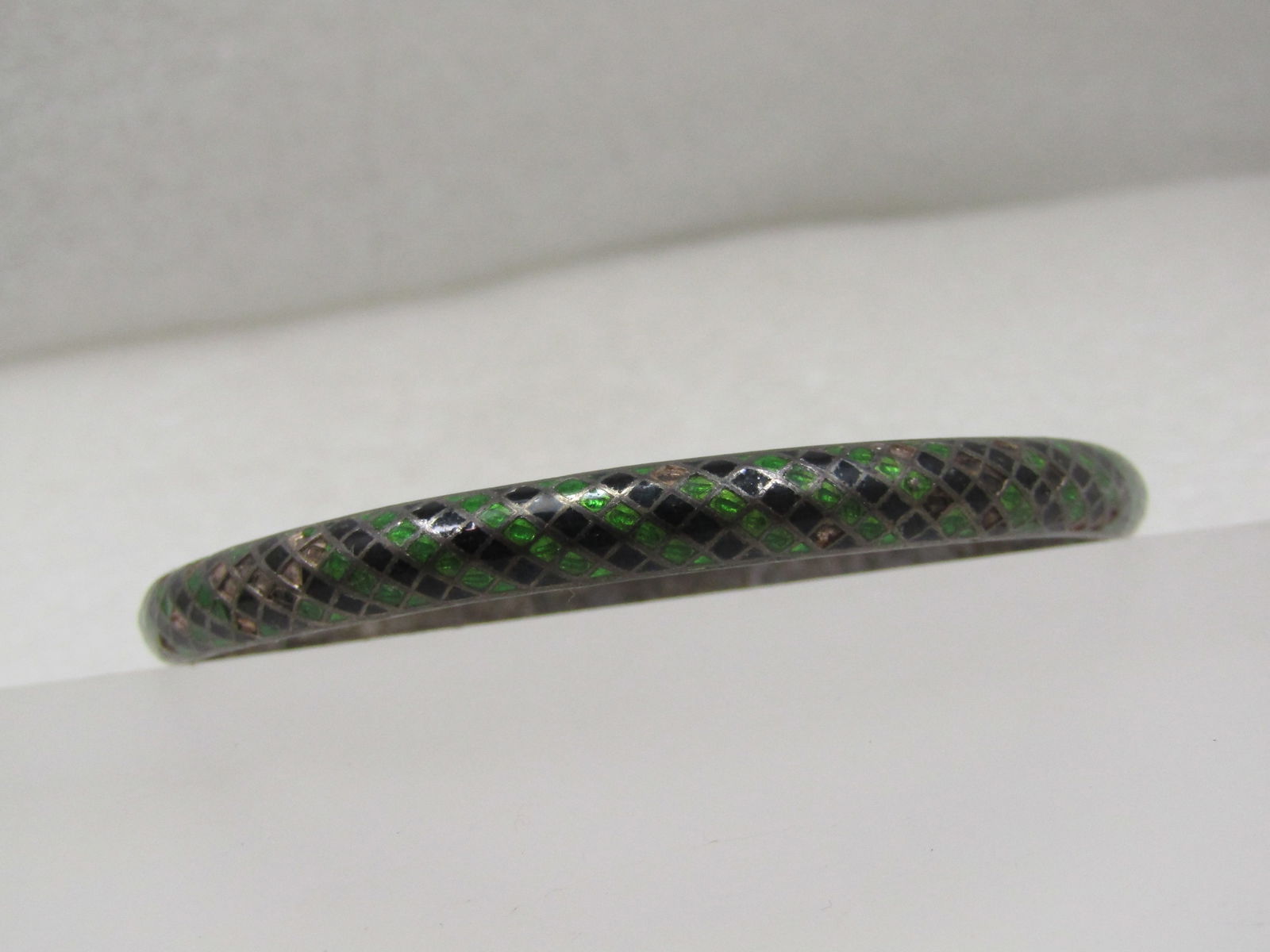 Vintage Sterling Enameled Black & Green Bangle Bracelet, 8.25" India - 3