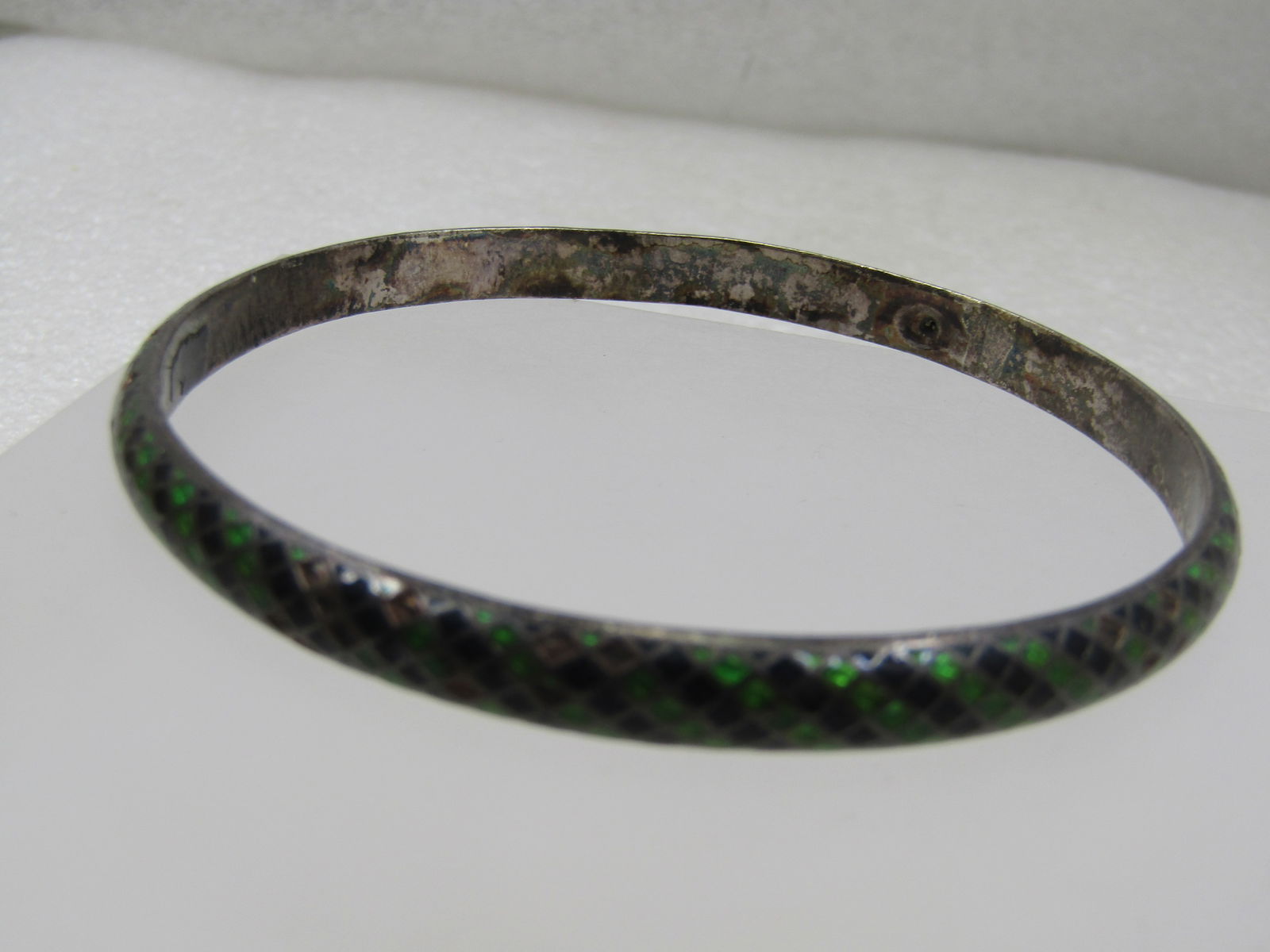Vintage Sterling Enameled Black & Green Bangle Bracelet, 8.25" India - 4