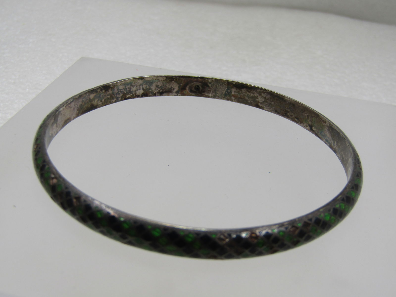Vintage Sterling Enameled Black & Green Bangle Bracelet, 8.25" India - 5