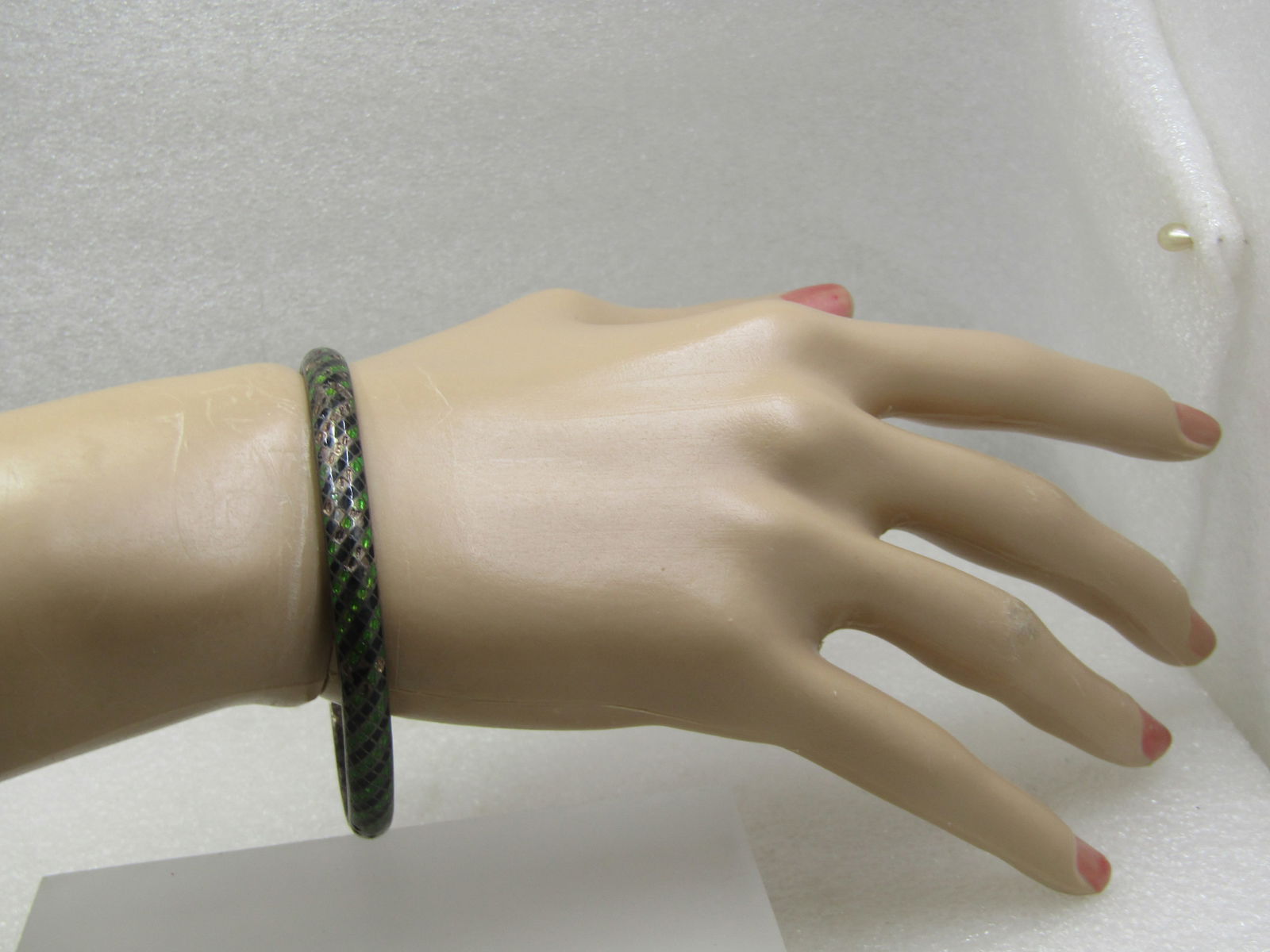 Vintage Sterling Enameled Black & Green Bangle Bracelet, 8.25" India - 6