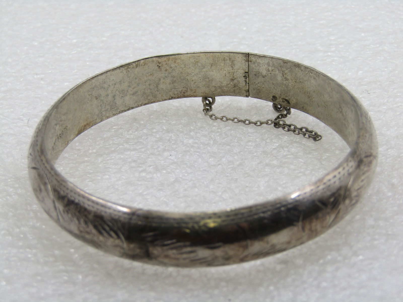 Vintage Sterling Hinged Bangle Bracelet, Safety Chain, 7.25", 11mm, Signed - 4