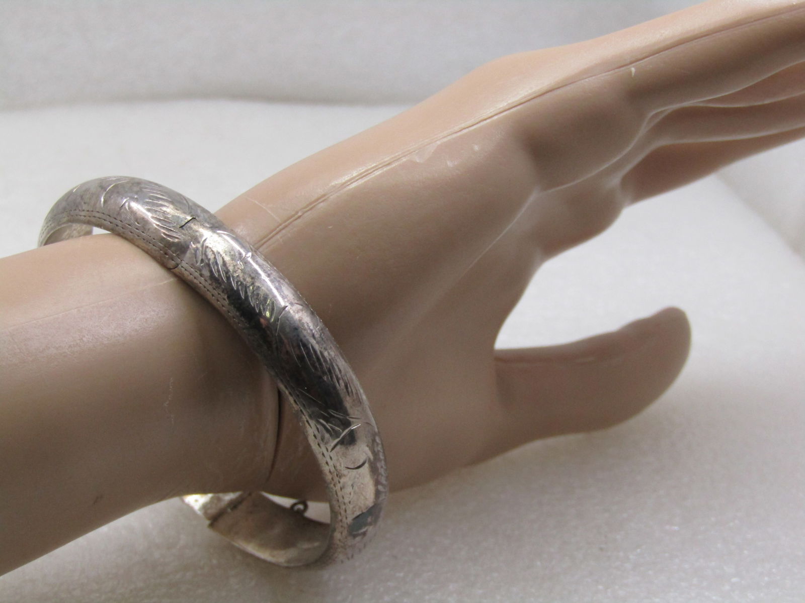 Vintage Sterling Hinged Bangle Bracelet, Safety Chain, 7.25", 11mm, Signed - 6