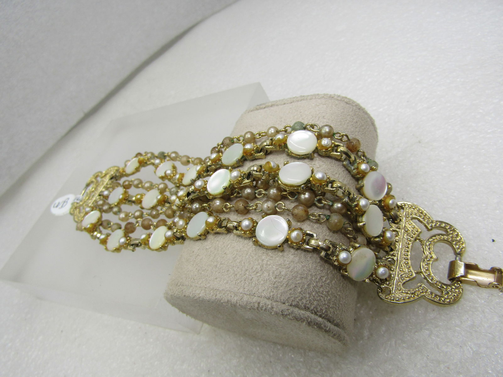 Vintage 7 Strand Mother-of-Pearl Bracelet, Gold Tone, 7" - 2